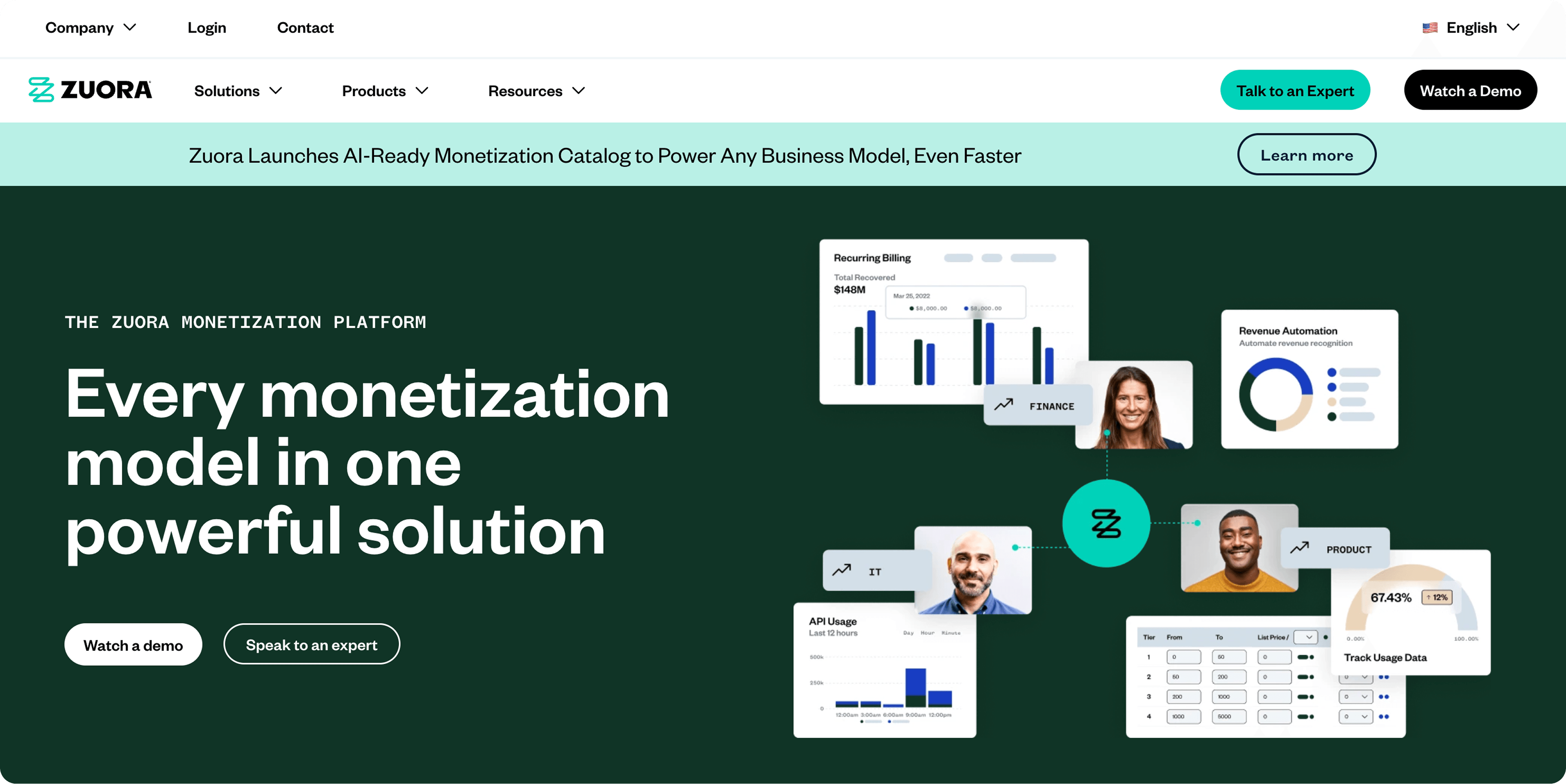 EVORA website displaying its subscription billing platform with charts and smiling diverse professionals.