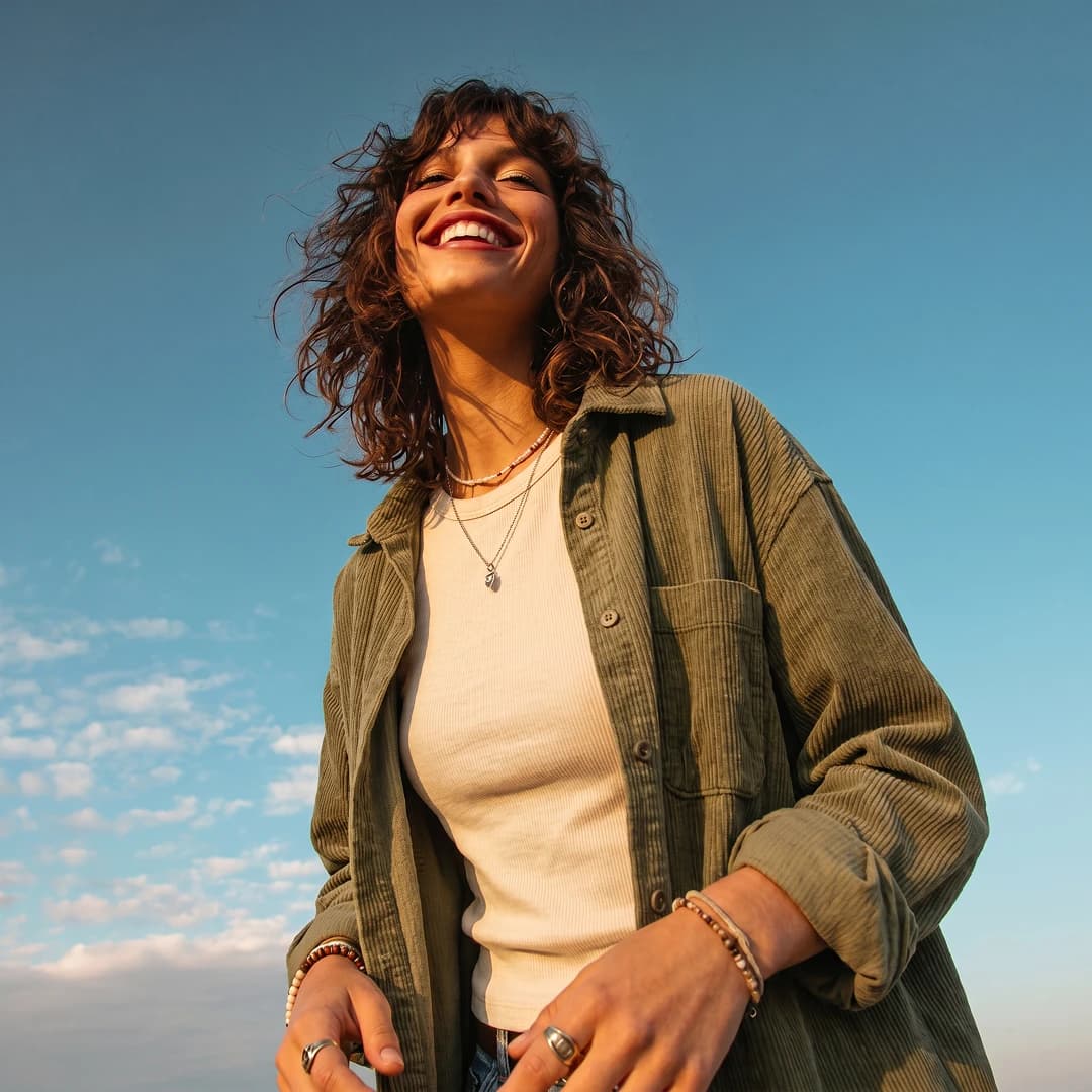 Student smiling and looking upward against a blue sky