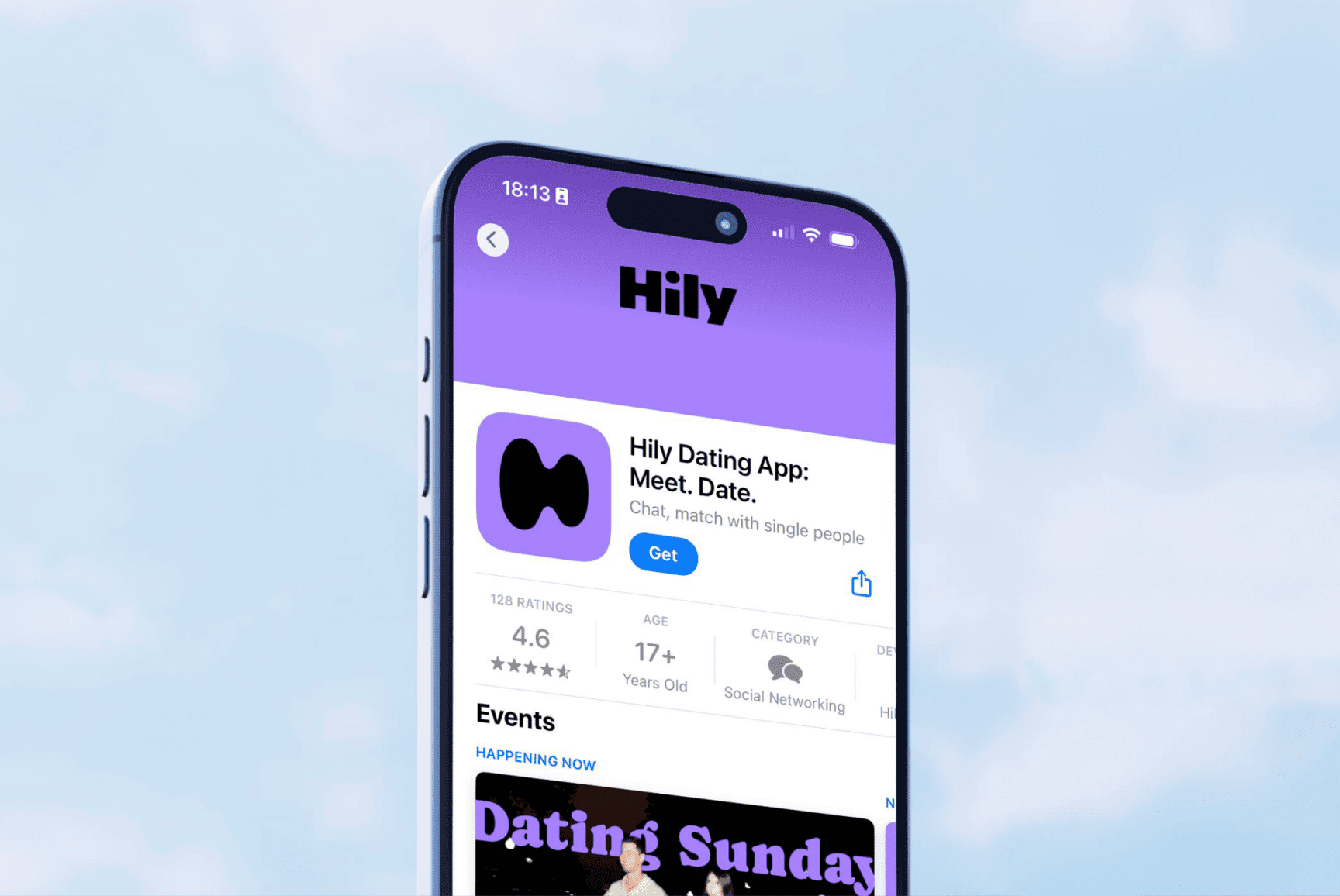 Close-up of a smartphone displaying the Hily Dating App store page against a cloudy sky.