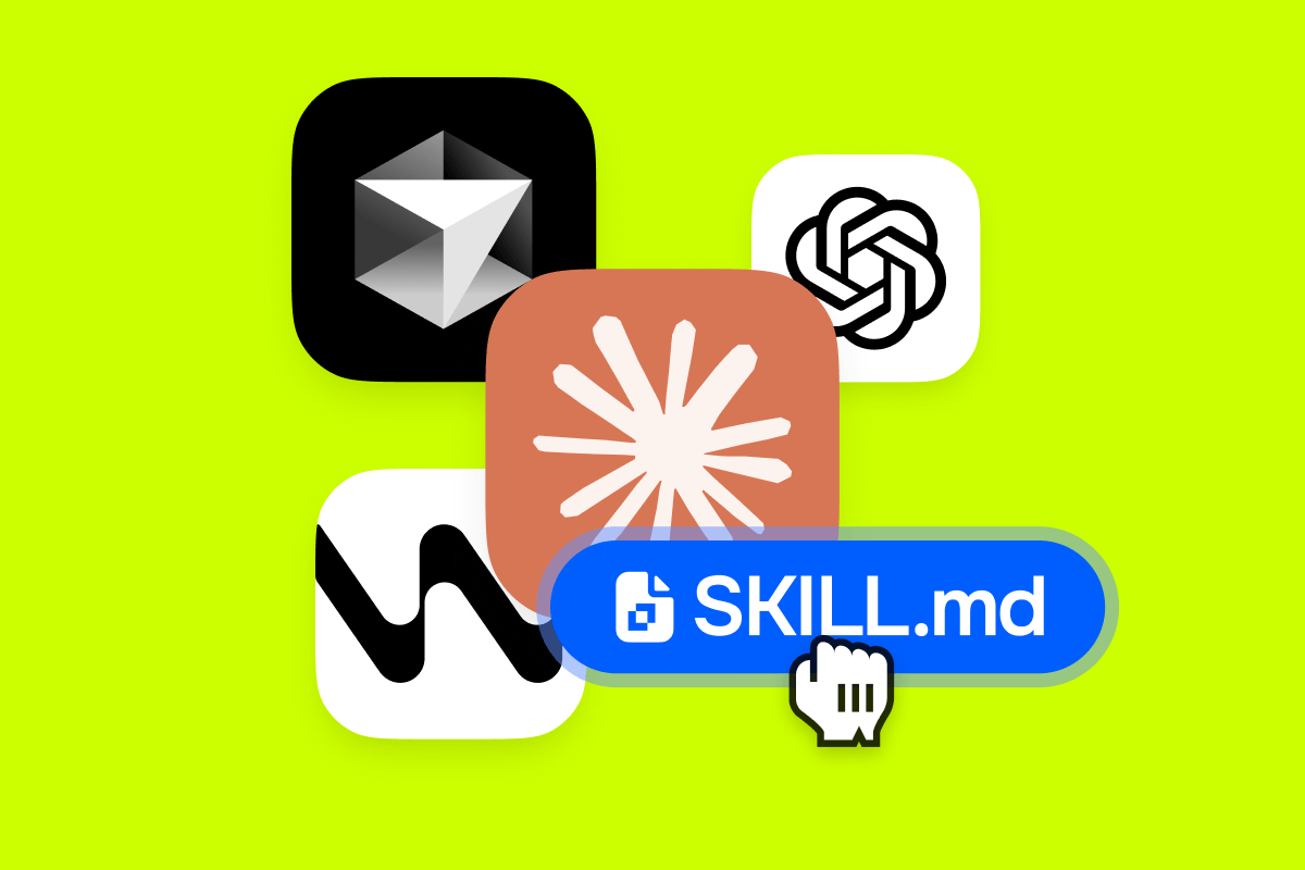 Cursor dragging a 'SKILL.md' file over various app icons on a vibrant green background.