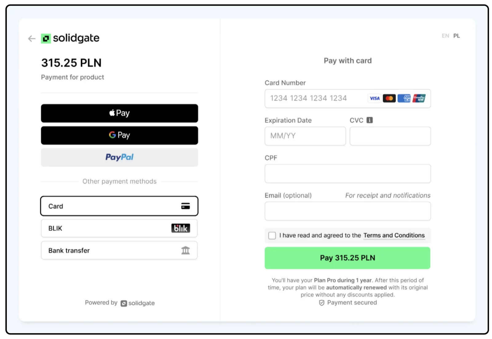 A Solidgate-powered checkout page with Google Pay, Apple Pay, PayPal, BLIK and card fields.