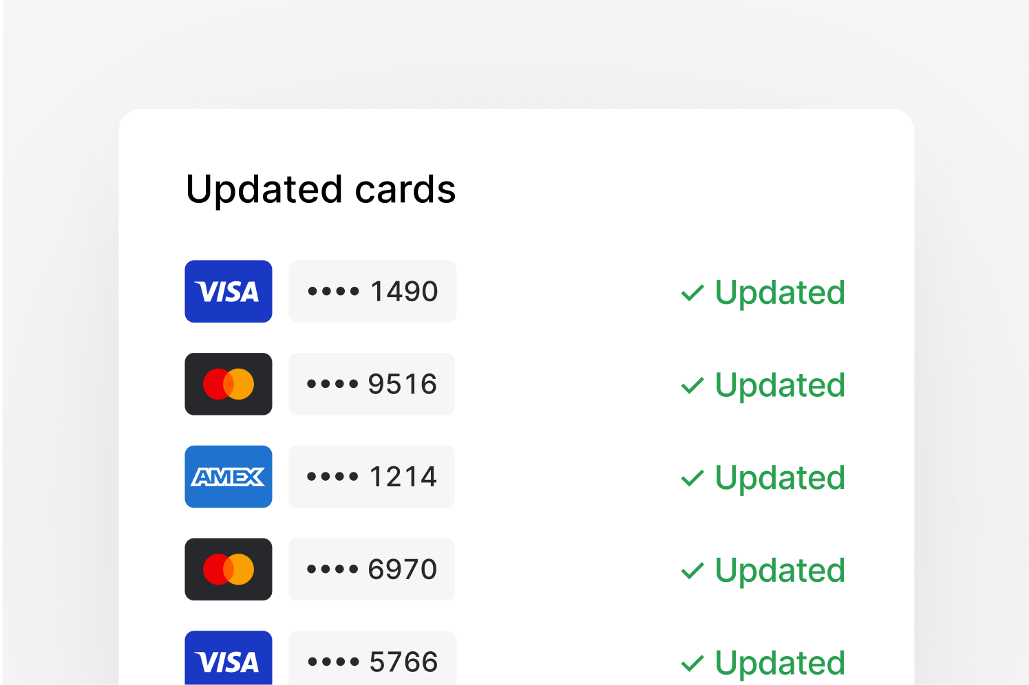 Updated cards section listing payment card types and update confirmation for each row.
