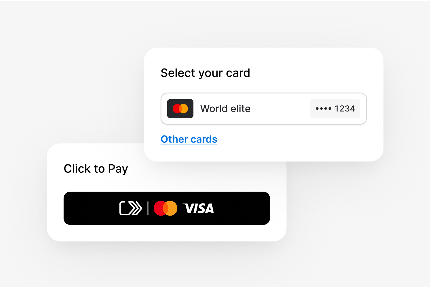 Payment option selection and pay button for fast payments with Visa or Mastercard.