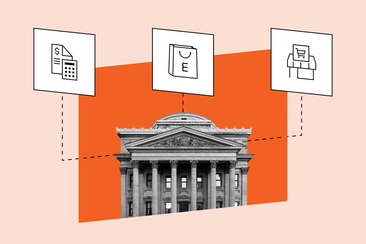 Collage with a classical bank and icons for financial documents, shopping, and point-of-sale systems.