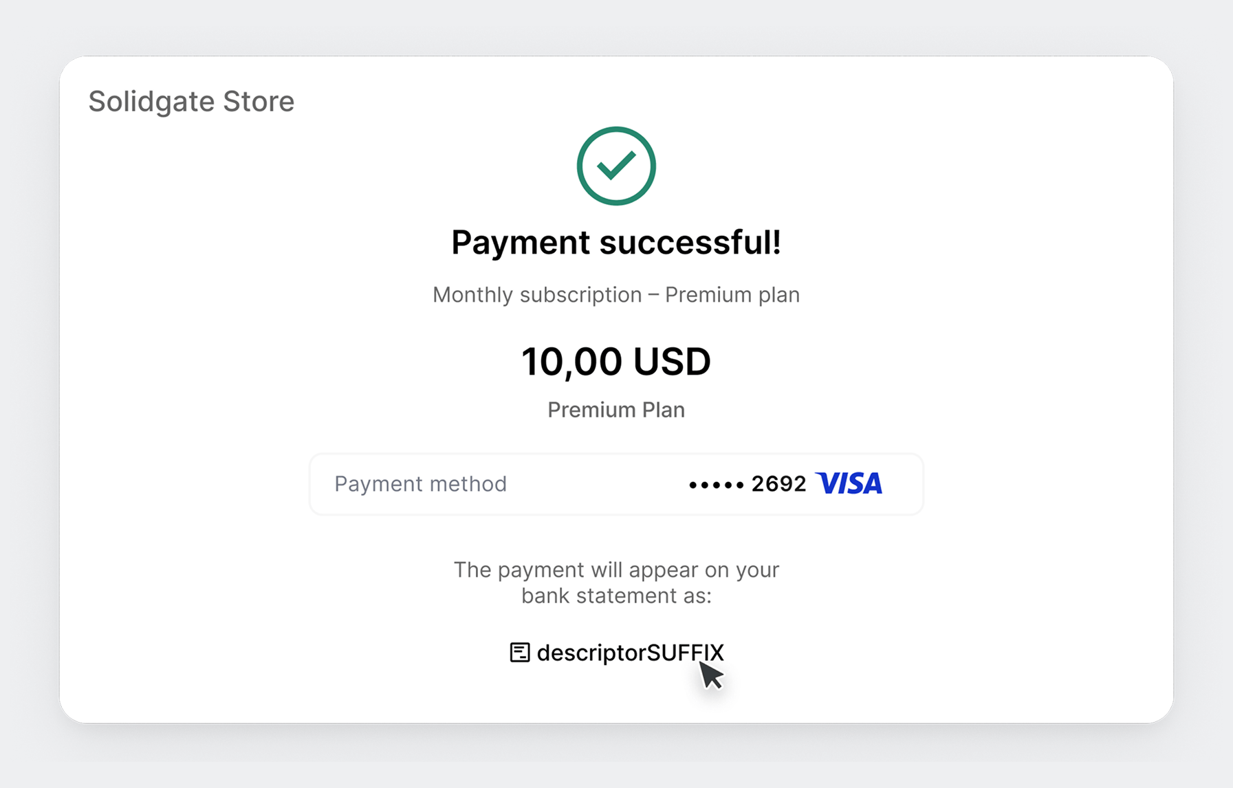 Payment successful screen showing a premium plan subscription for 10.00 USD paid via VISA.