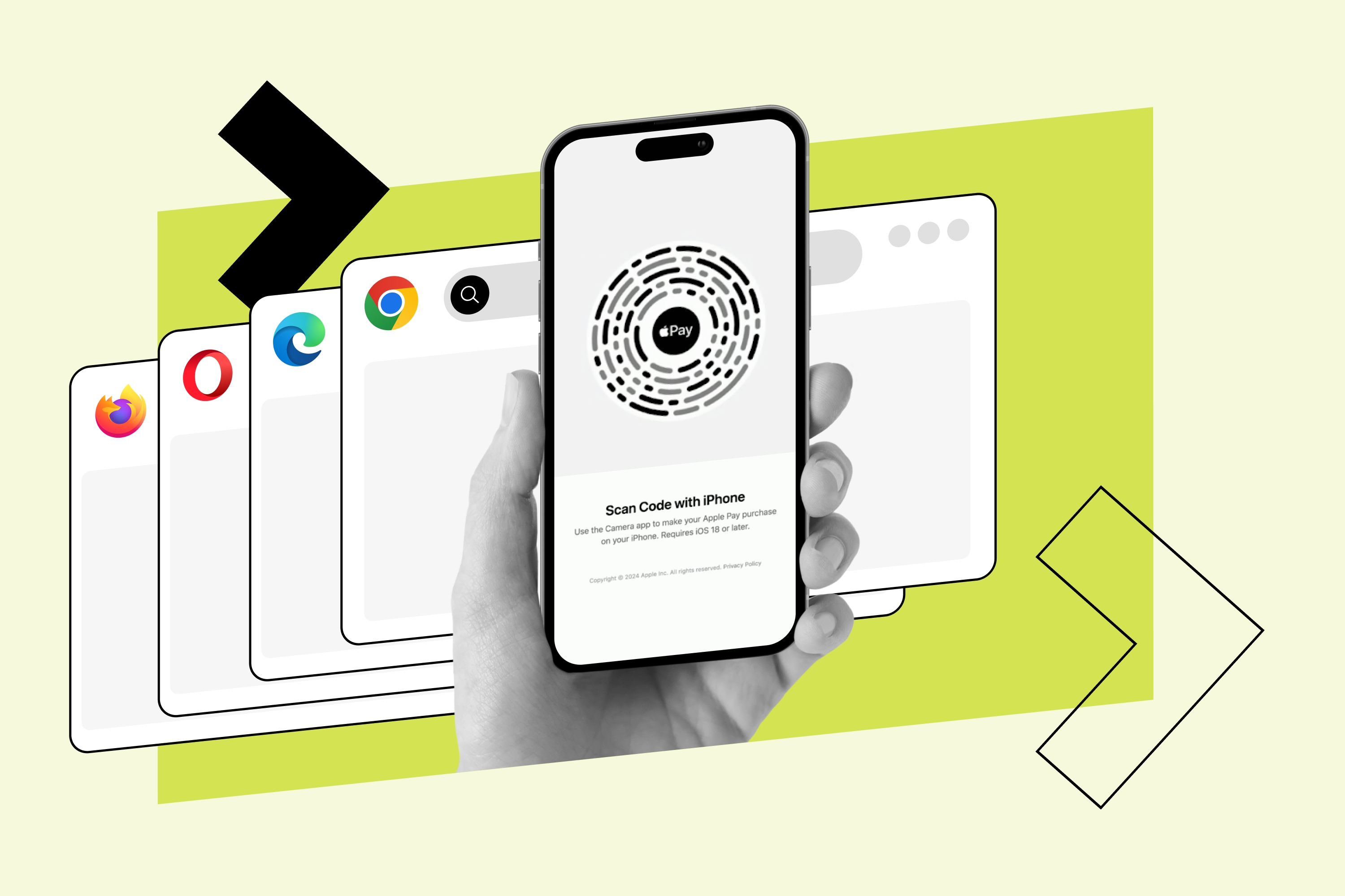 A smartphone displaying an Apple Pay QR code in front of browser windows, representing cross-browser digital payments.