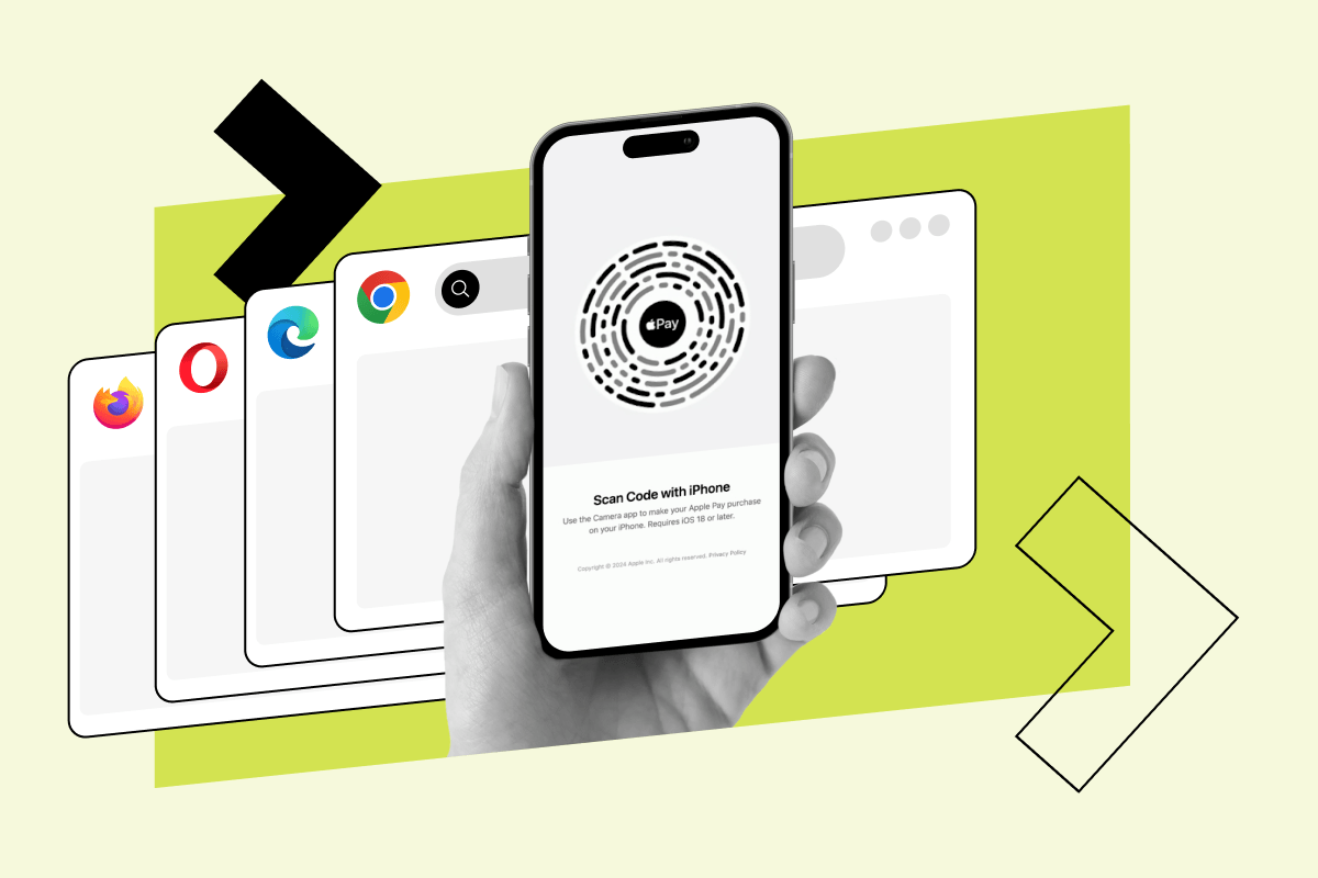 A smartphone displaying an Apple Pay QR code in front of browser windows, representing cross-browser digital payments.