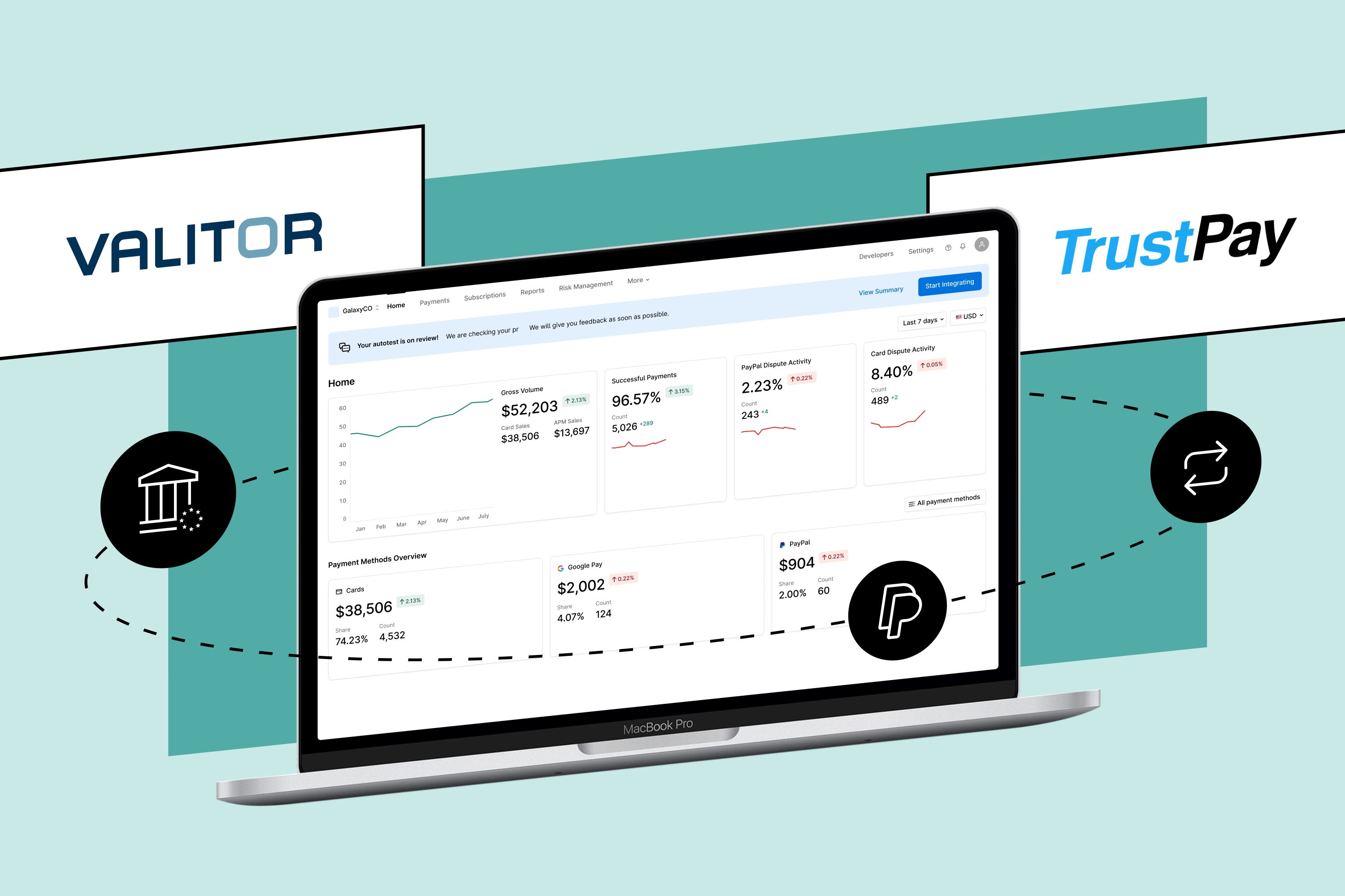 A laptop displays a payment dashboard, with Valitor and TrustPay logos and icons for banking, payout, and transaction analytics.