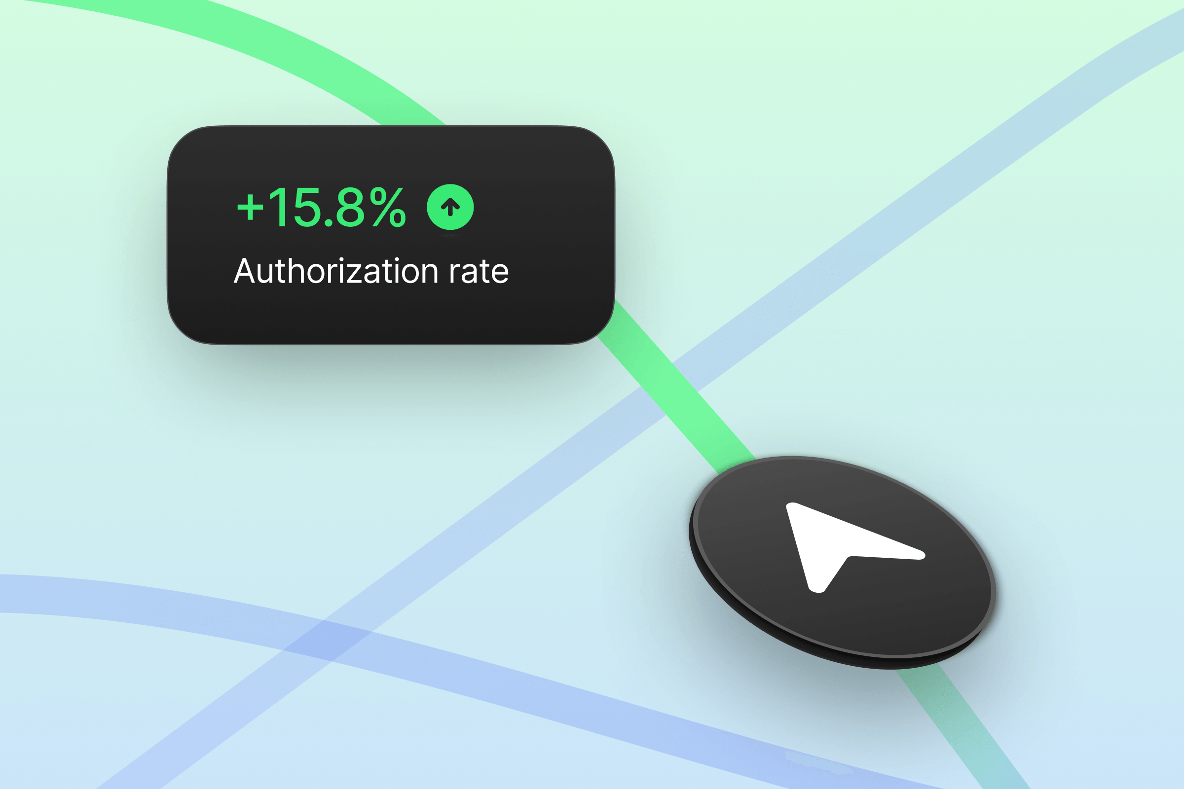 Map showing a navigation arrow and a dark box with '+15.8% Authorization rate'.