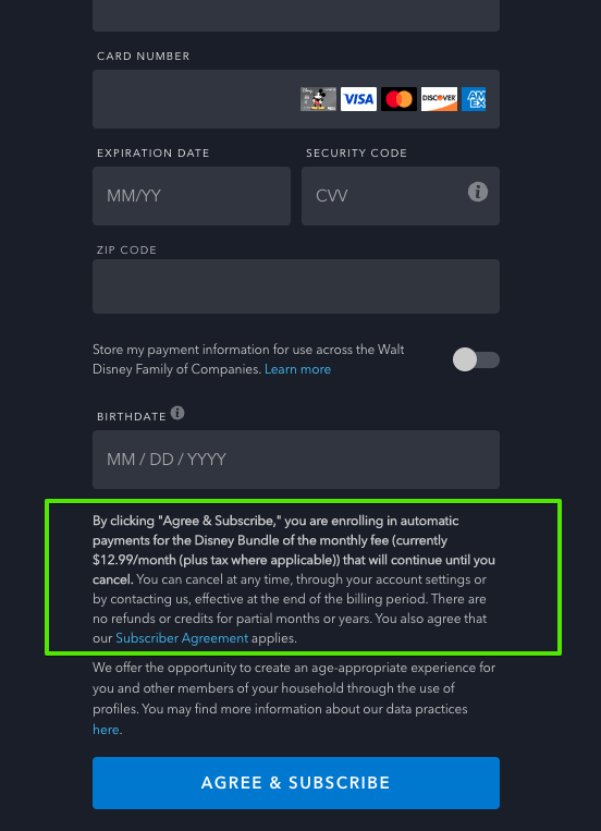Payment form with subscription terms highlighted, explaining monthly fee, cancellation, and refund policies.