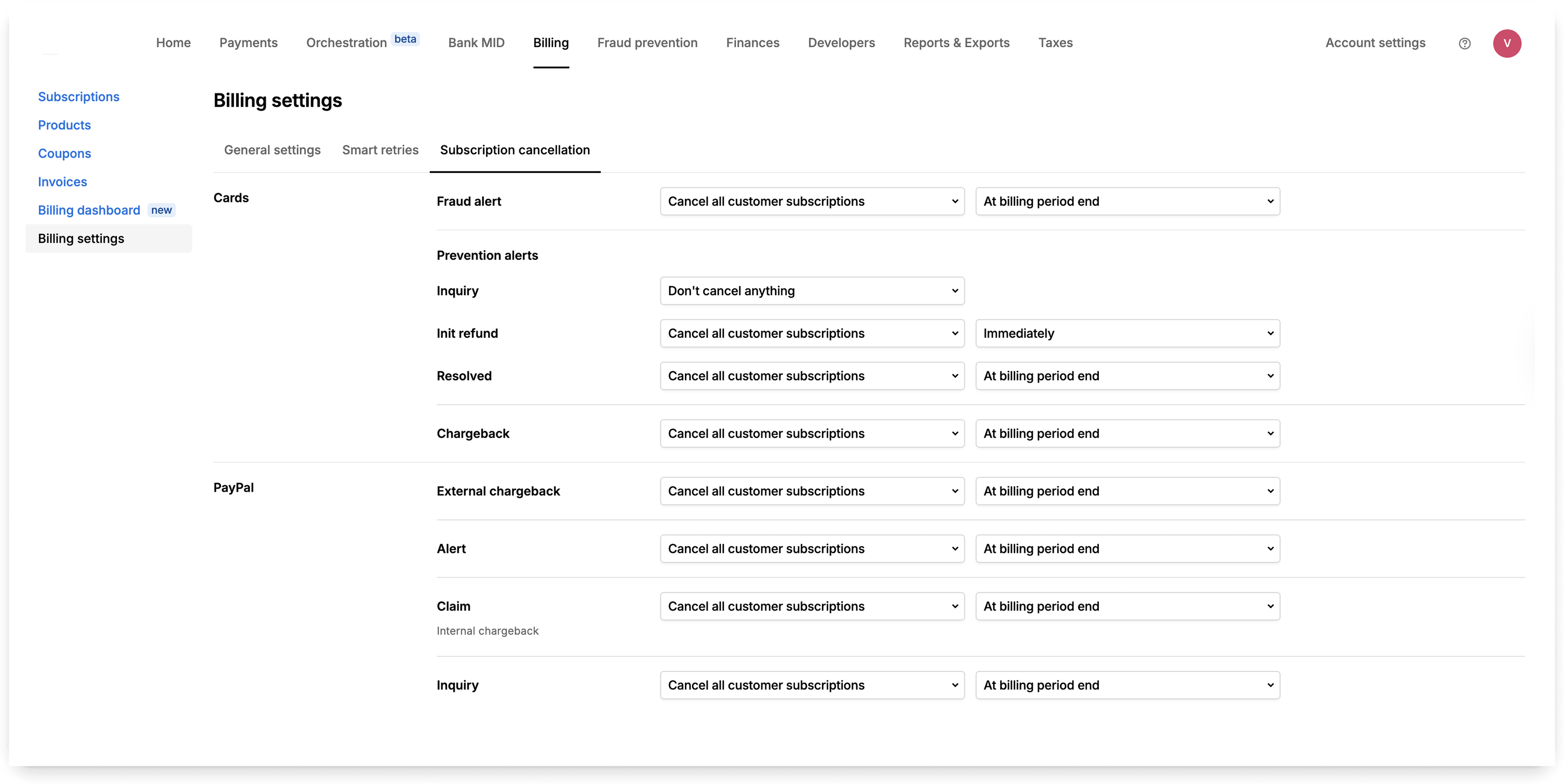 A web interface for billing settings, showing subscription cancellation options with dropdown menus.