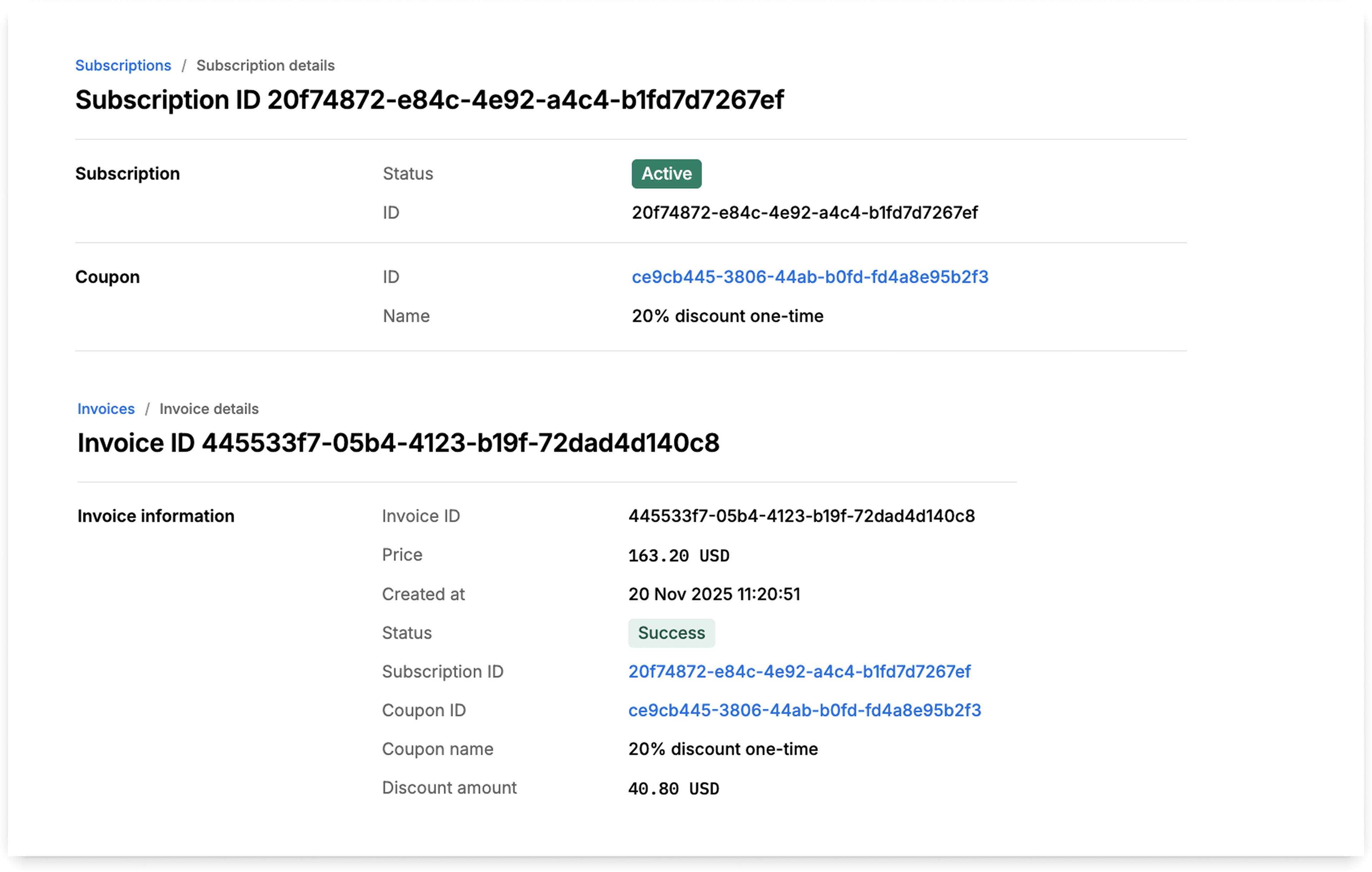 Digital interface displaying subscription and invoice details with a 20% discount.