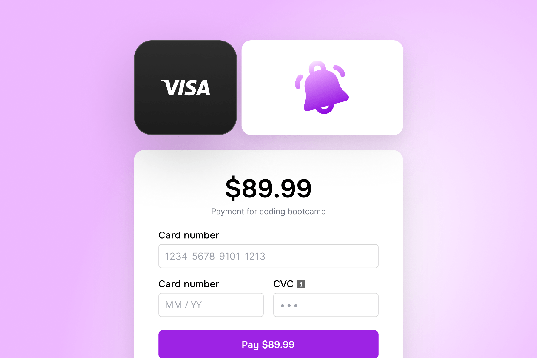 Payment interface displaying VISA, an $89.99 charge, and fields for card information.