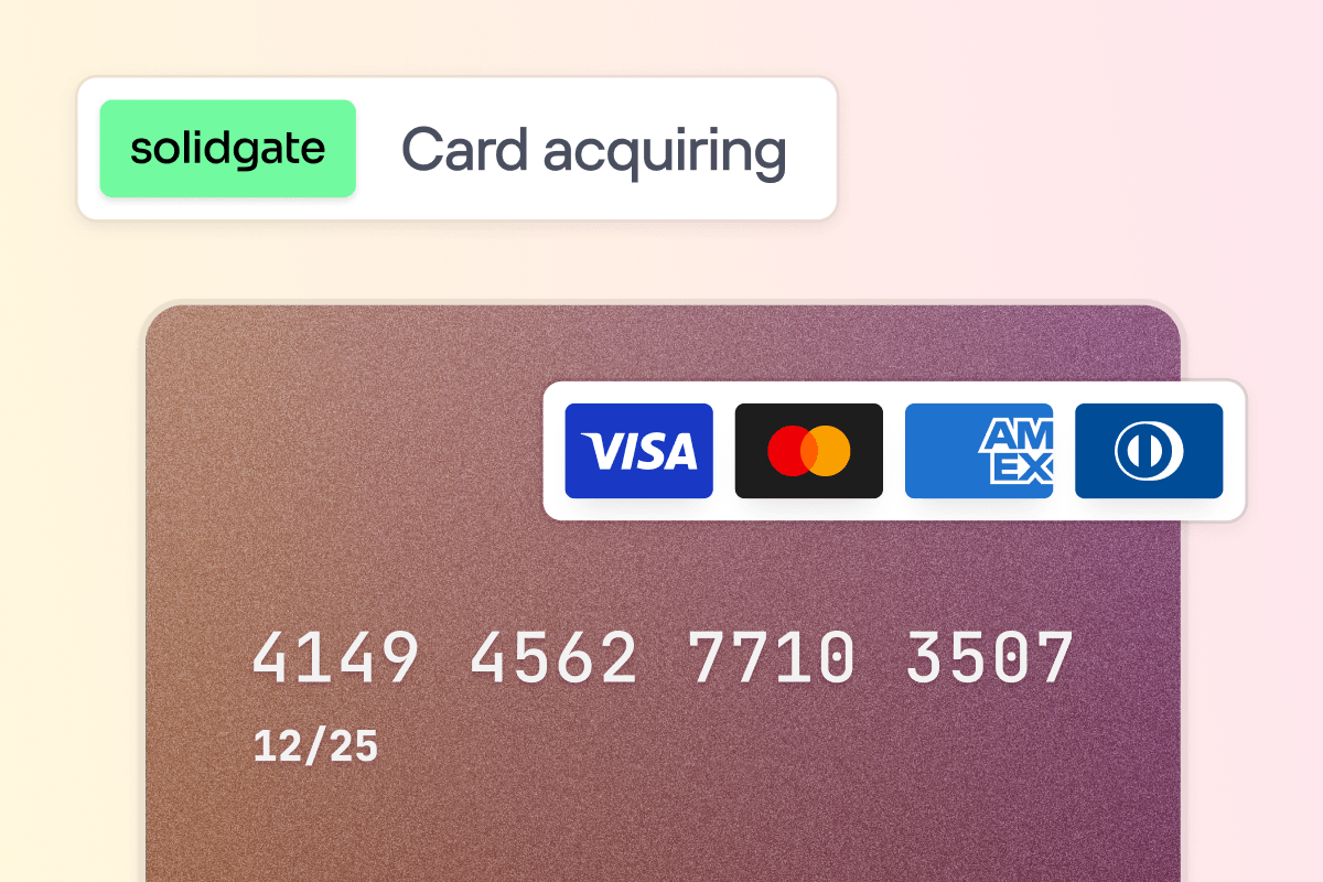 Colorful payment card, displaying Visa, Mastercard, Amex, and Diners Club logos, card number and expiry date.