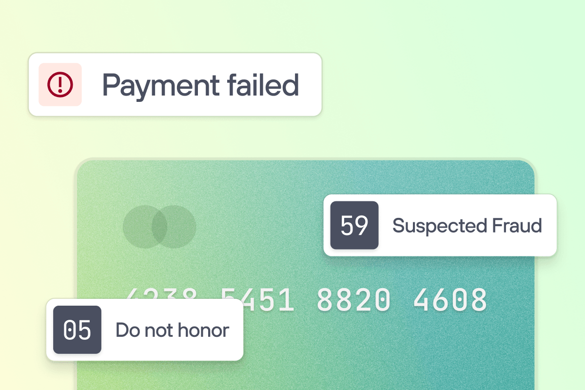 Card showing payment failure status and fraud detection alerts for Do not honor and Suspected Fraud.