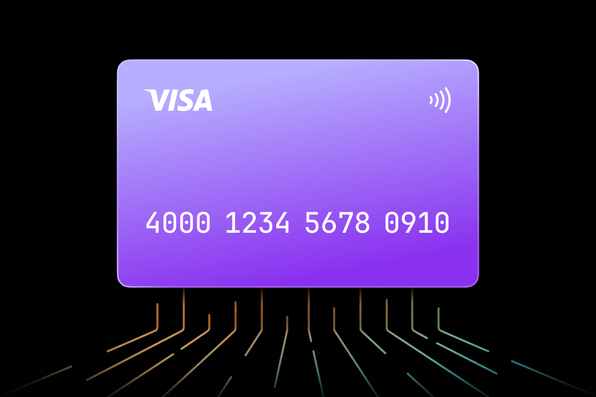 A purple Visa card with contactless symbol and number "4000 1234 5678 0910" hovers over a black background with glowing circuit lines below.