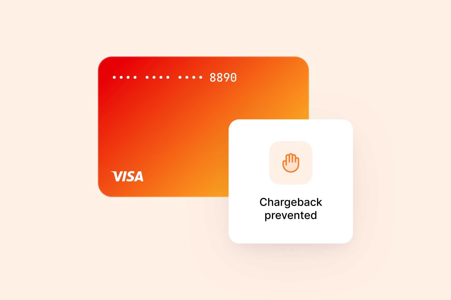 A red-orange VISA credit card next to a notification box stating "Chargeback prevented".