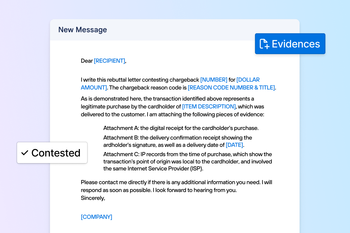 Email template for contesting a transaction, with highlighted fields for inserting recipient, amount, and purchase details.