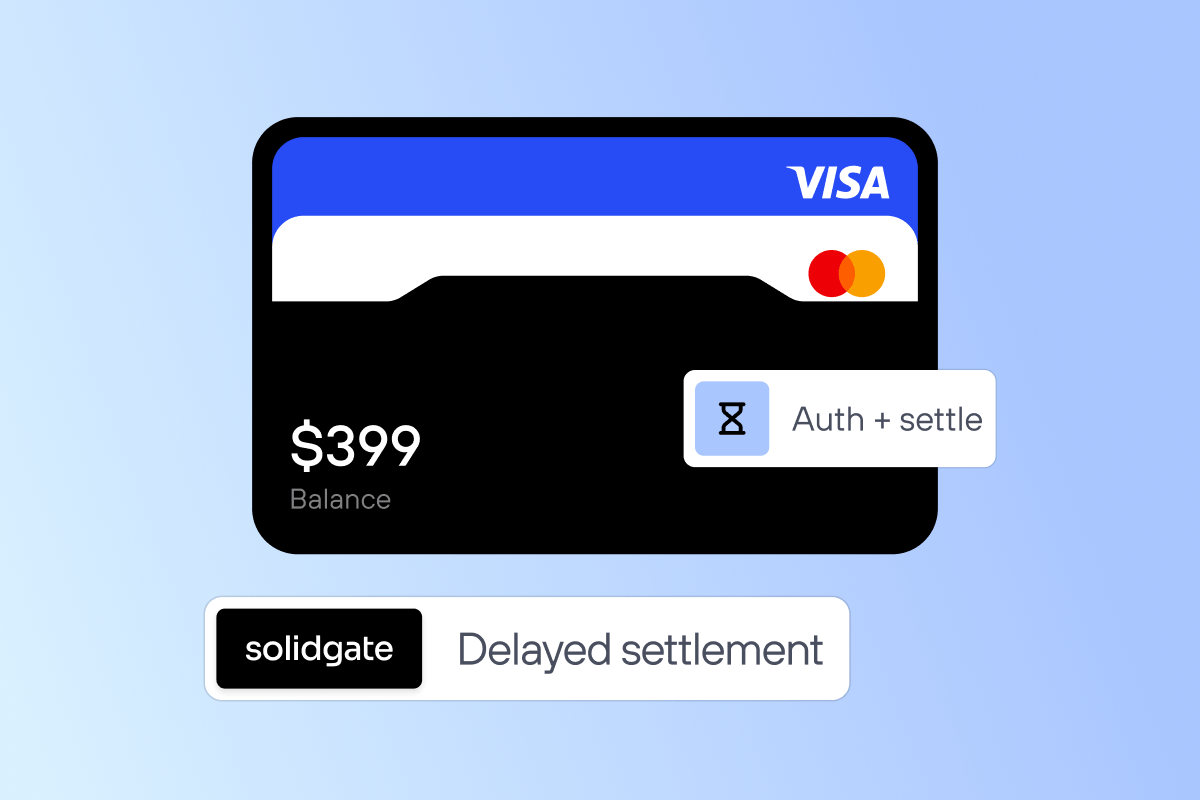 Credit card illustration with $399 balance and labels for "auth + settle" and delayed settlement by Solidgate.