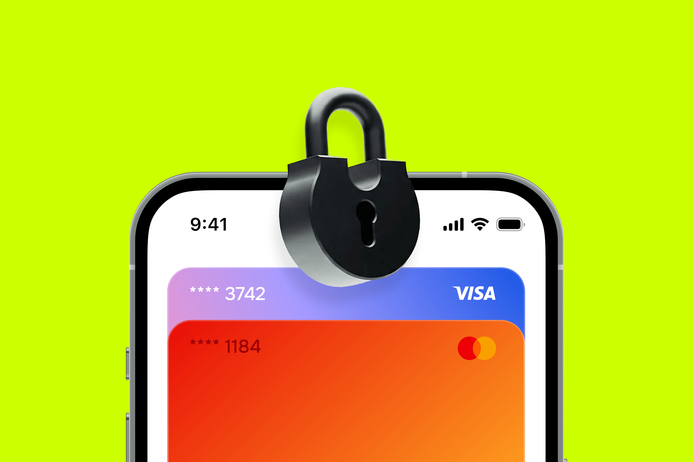 Padlock on a smartphone screen displaying credit cards, symbolizing digital payment security.
