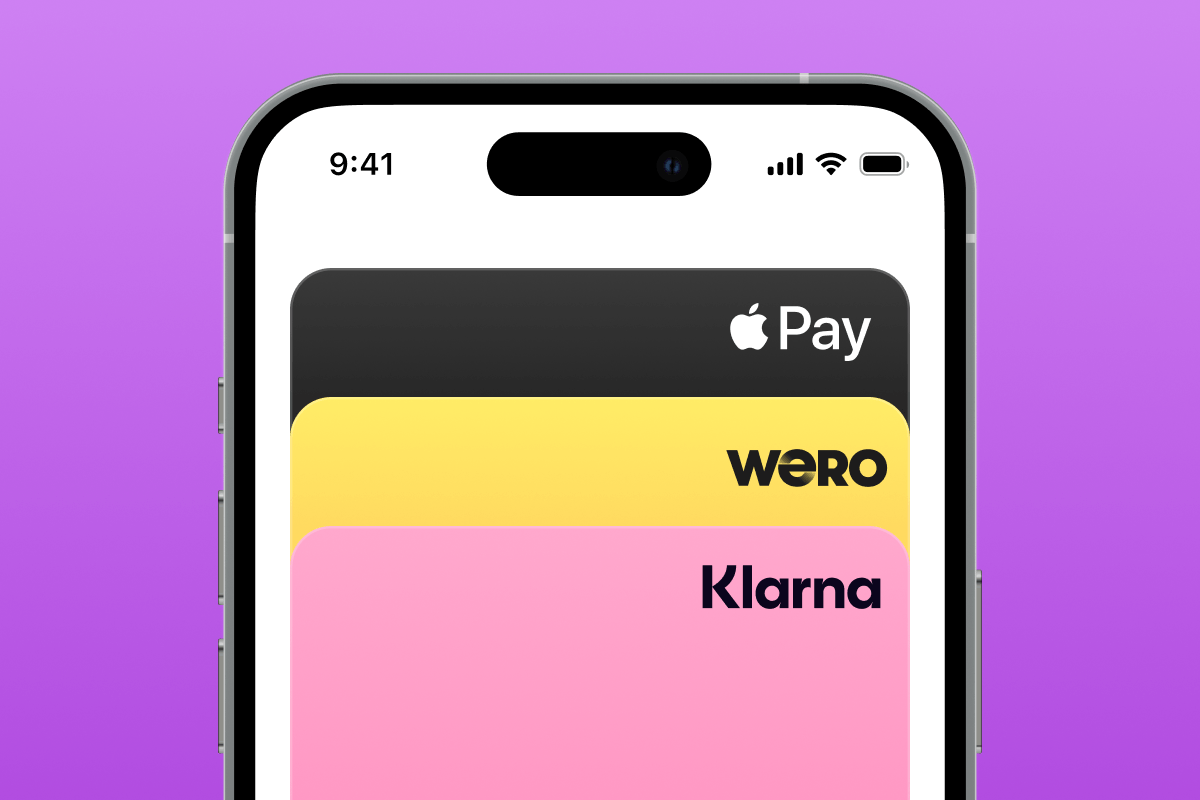 iPhone screen showing stacked digital payment cards for Apple Pay, WERO, and Klarna.