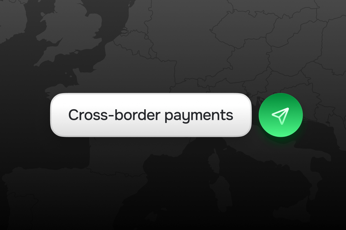 Button labeled 'Cross-border payments' next to a green send icon on a dark map.