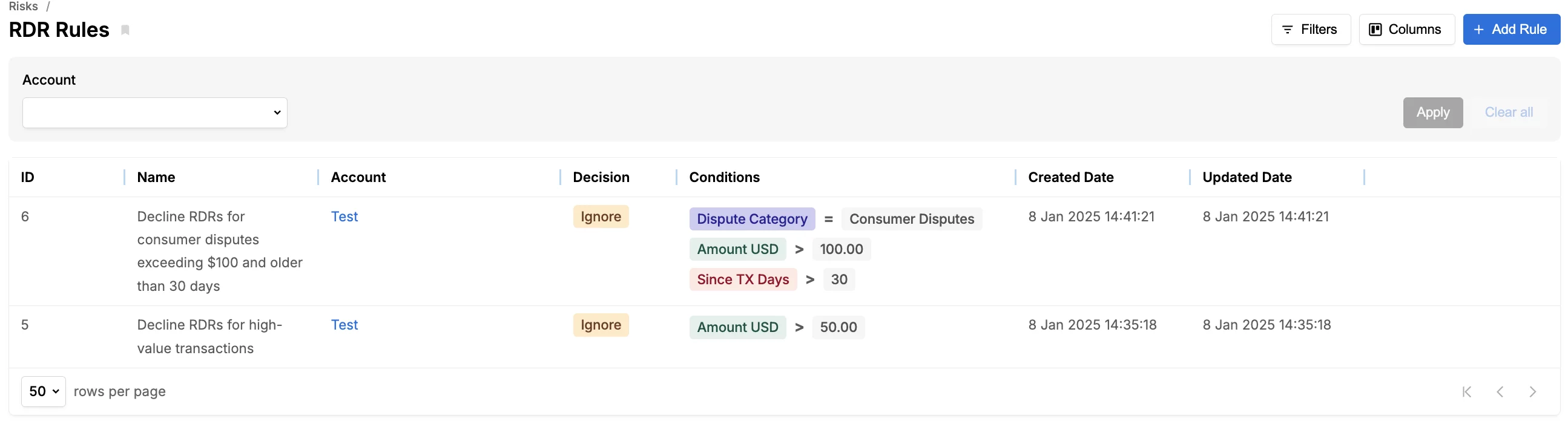 Table of RDR rules listing rule names, decisions, conditions, dates, and options to add or filter rules.