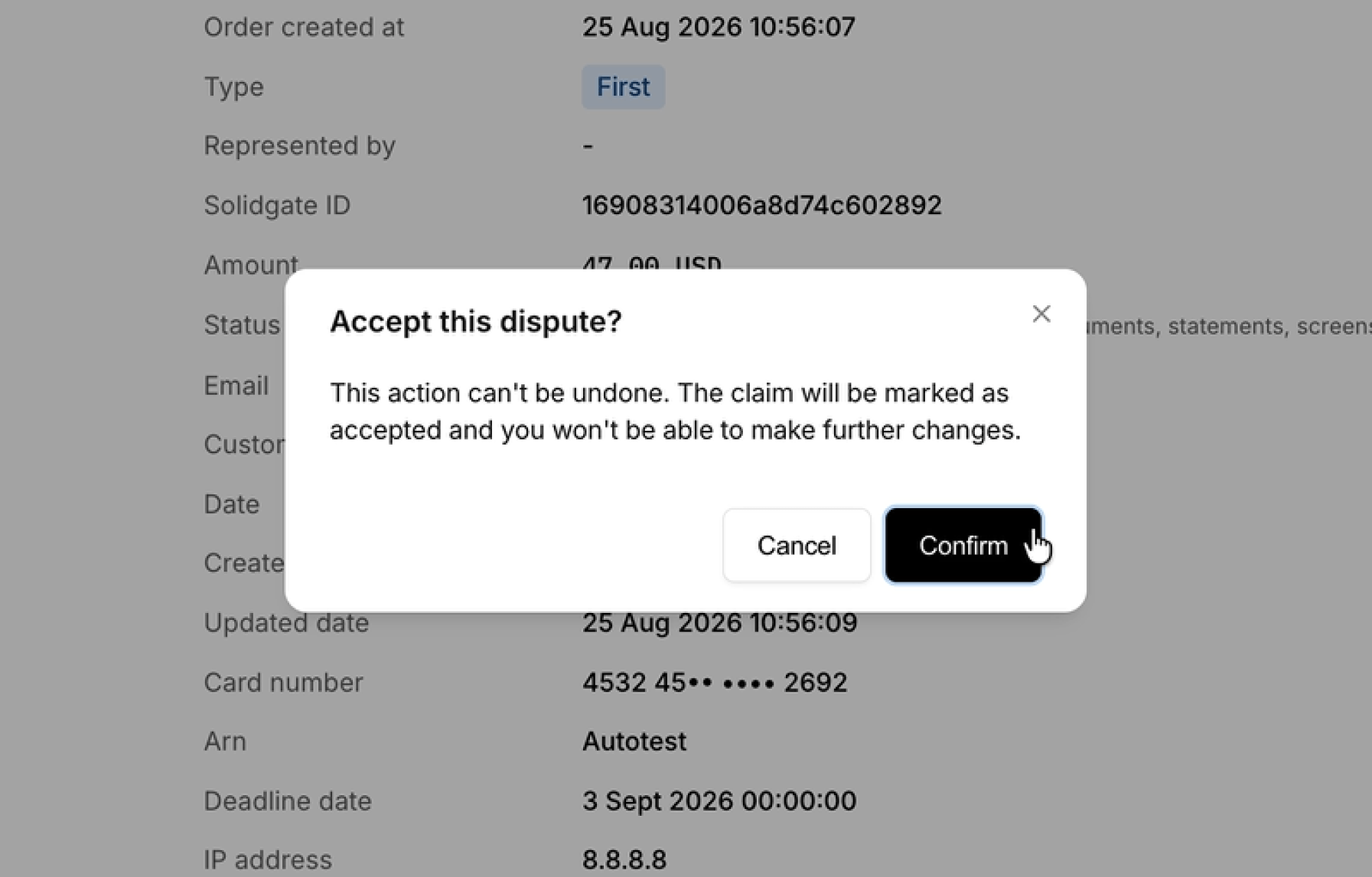 A modal window asking 'Accept this dispute?' with a warning that the action is irreversible.