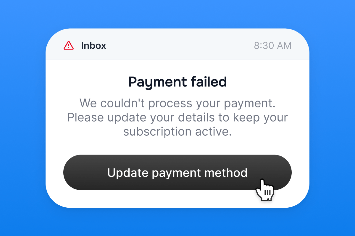 Digital notification: 'Payment failed', update payment method to keep subscription active.