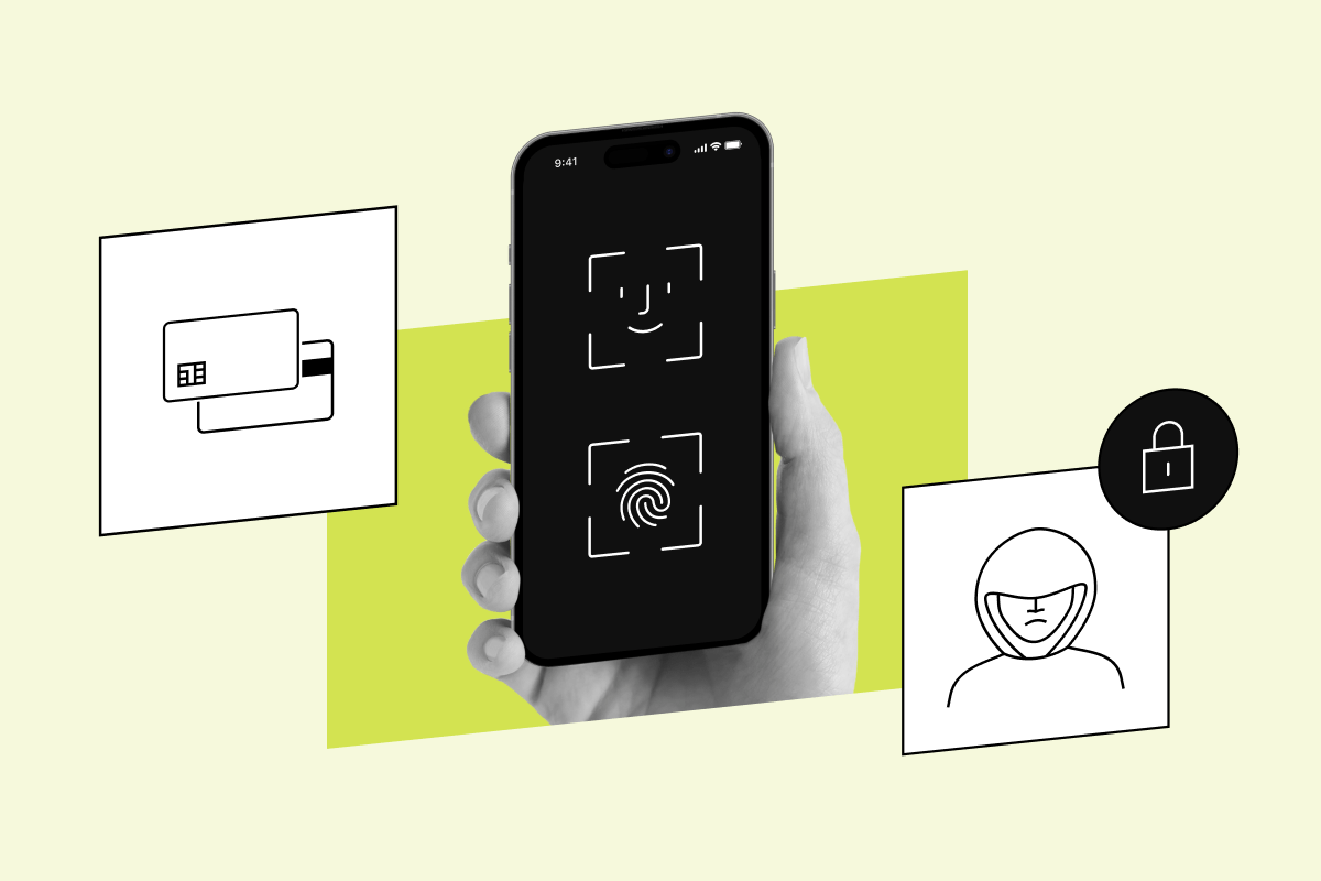 A hand holds a phone with face and fingerprint ID icons, with card and fraud detection icons, symbolizing secure payment authentication.