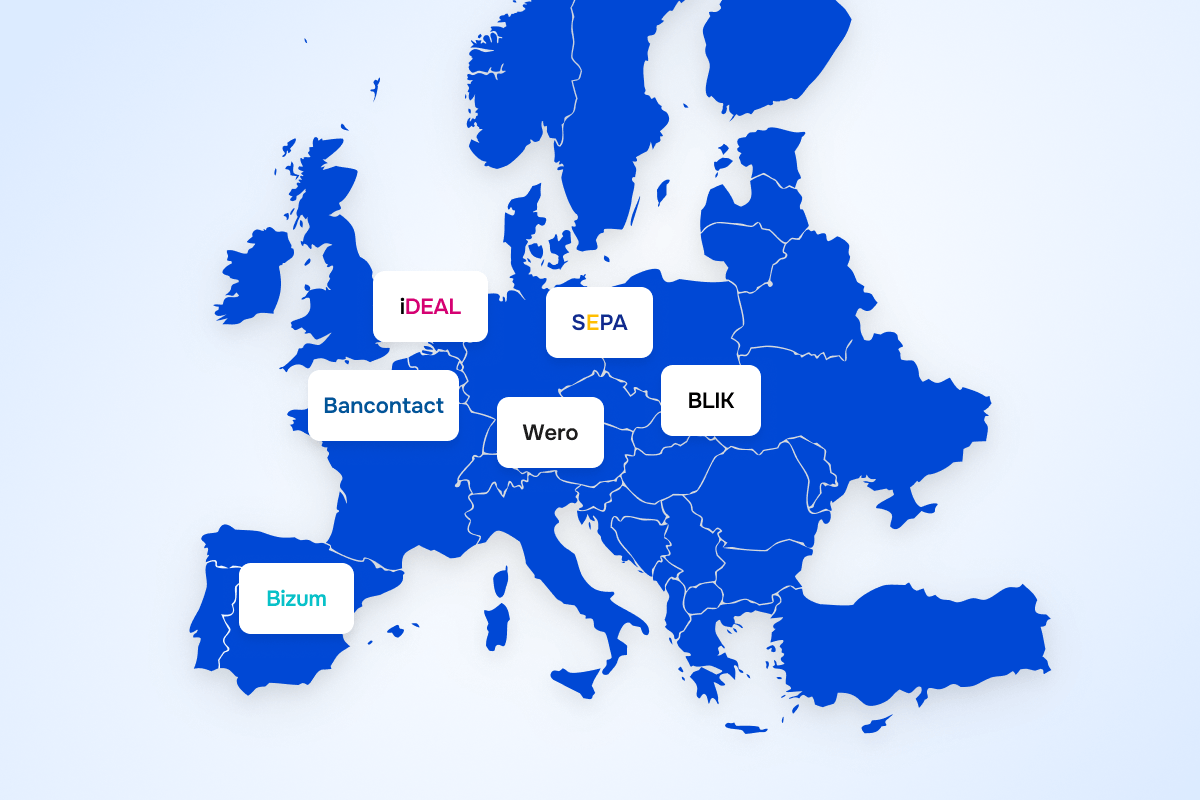 Map of Europe showcasing some of the popular payment method logos like SEPA, iDEAL, and Bancontact.