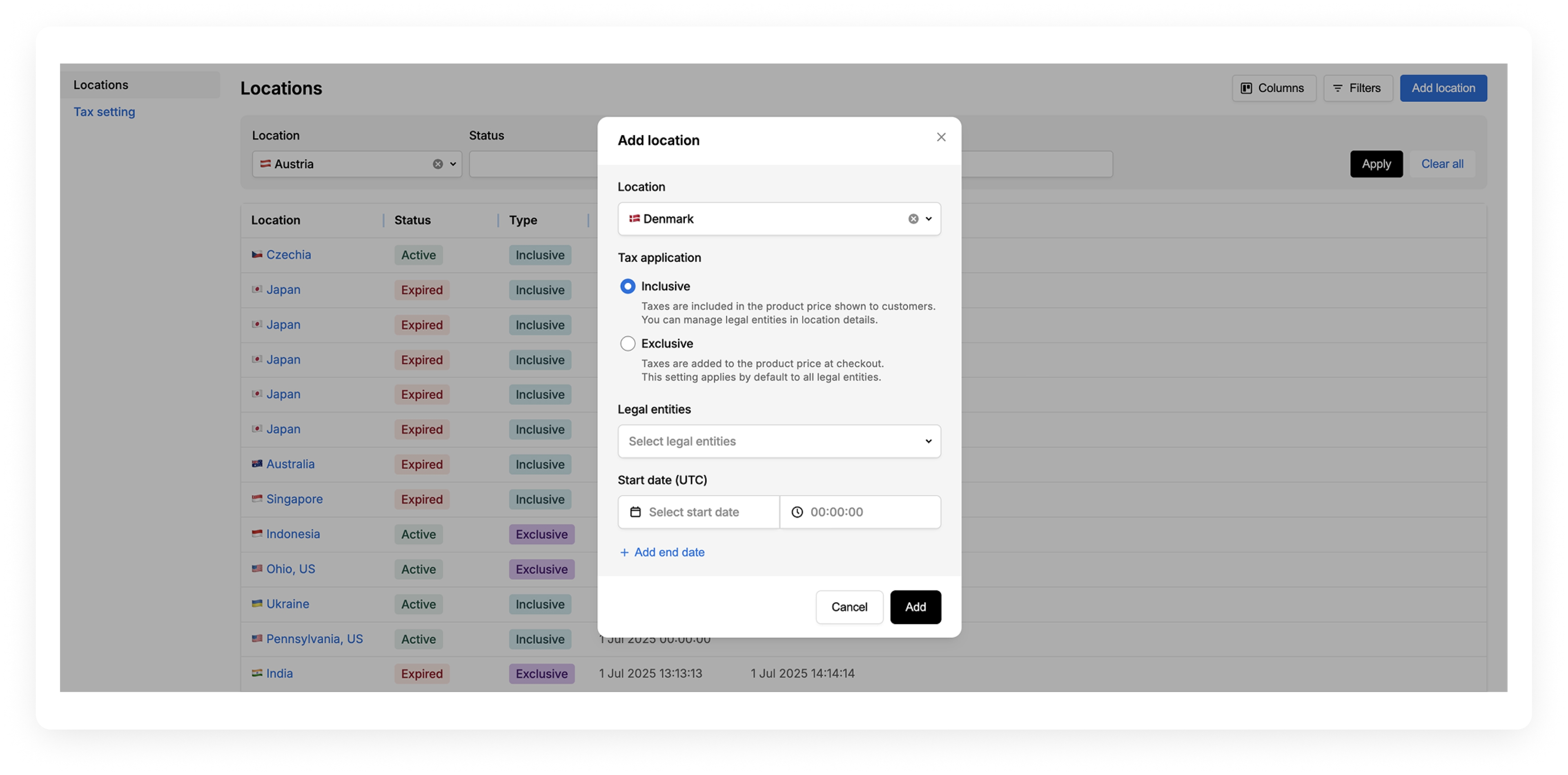 A screenshot of Solidgate Tax interface: add location, tax application, legal entities, and start date