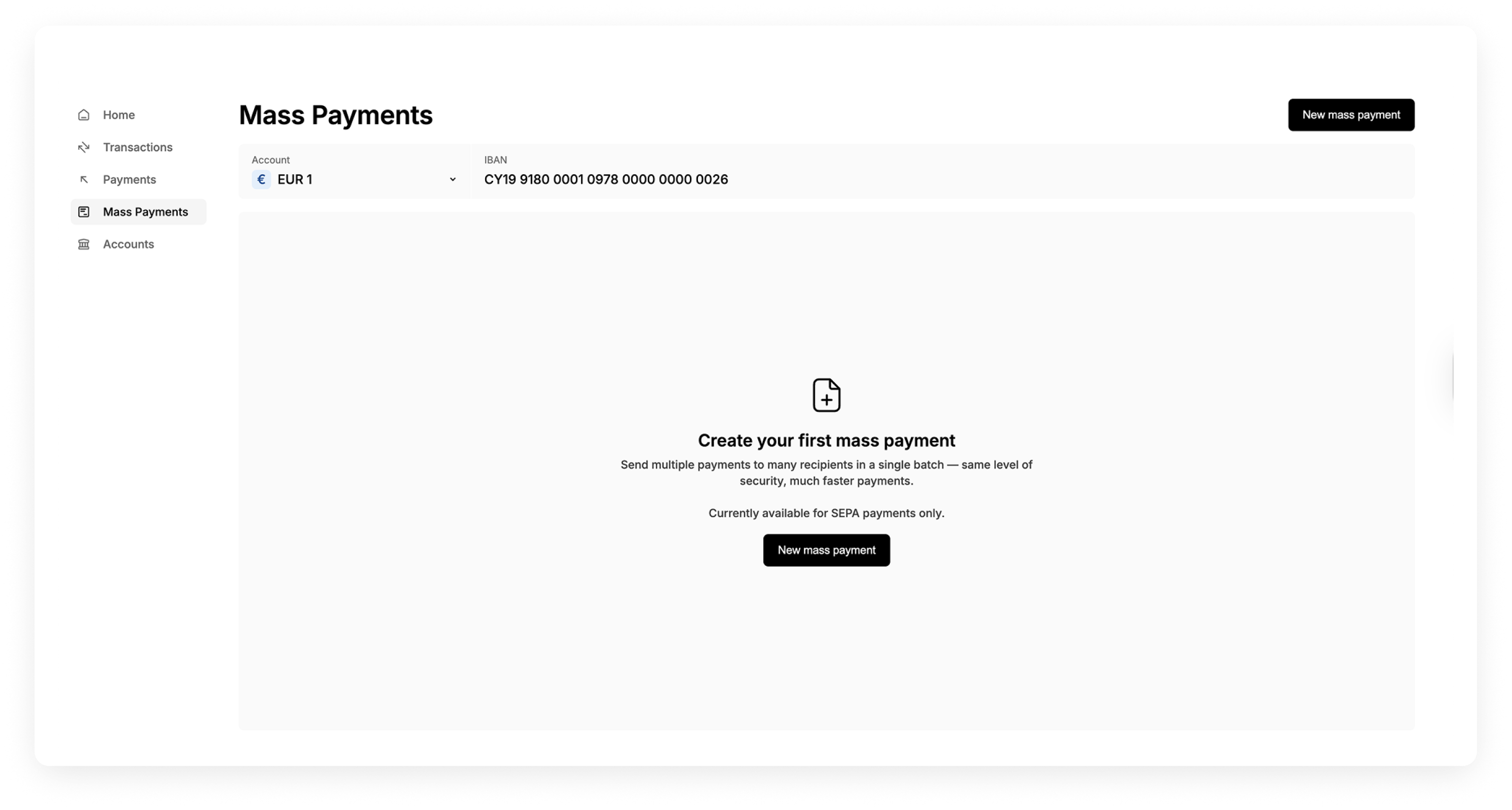 A screenshot of mass SEPA payments in Solidgate Treasury