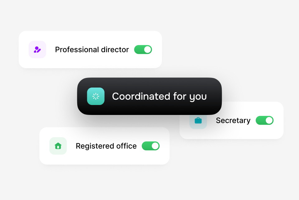Cards with toggles for services like 'Professional director' and 'Registered office'.