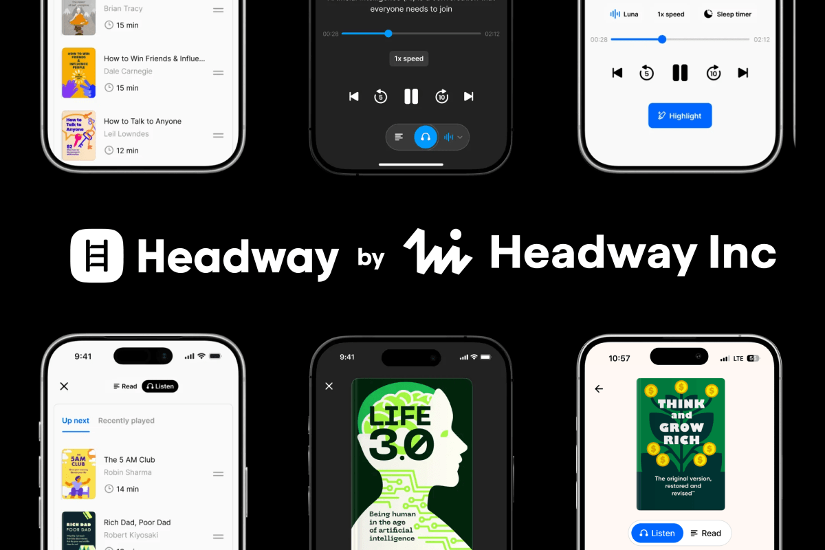 Headway app screens displaying book summaries, audiobook players, and the company logo.