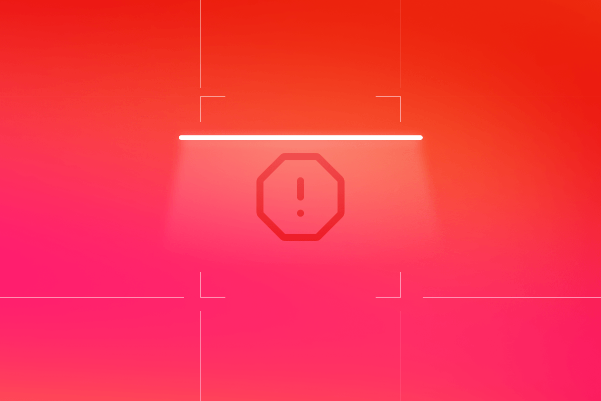 Red gradient background with a scanner light highlighting a stop sign exclamation mark.