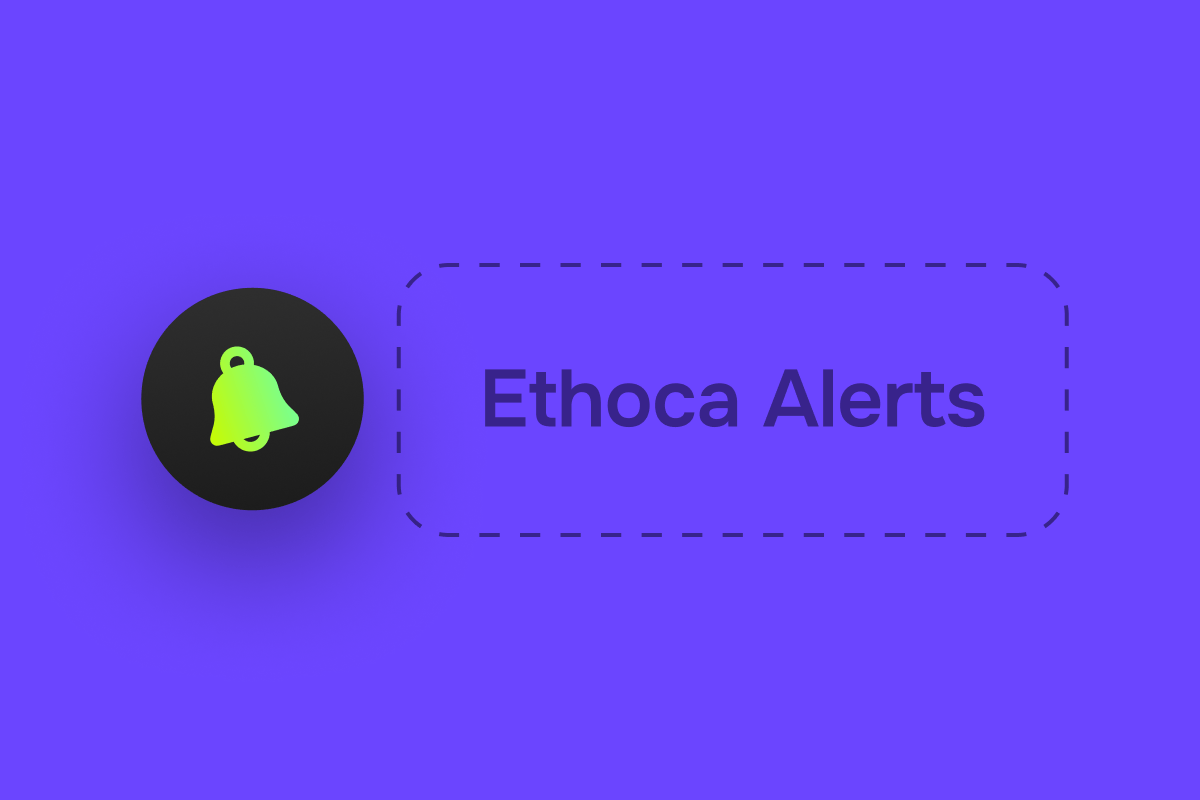 A neon green bell icon button next to a dashed box labeled 'Ethoca Alerts'.