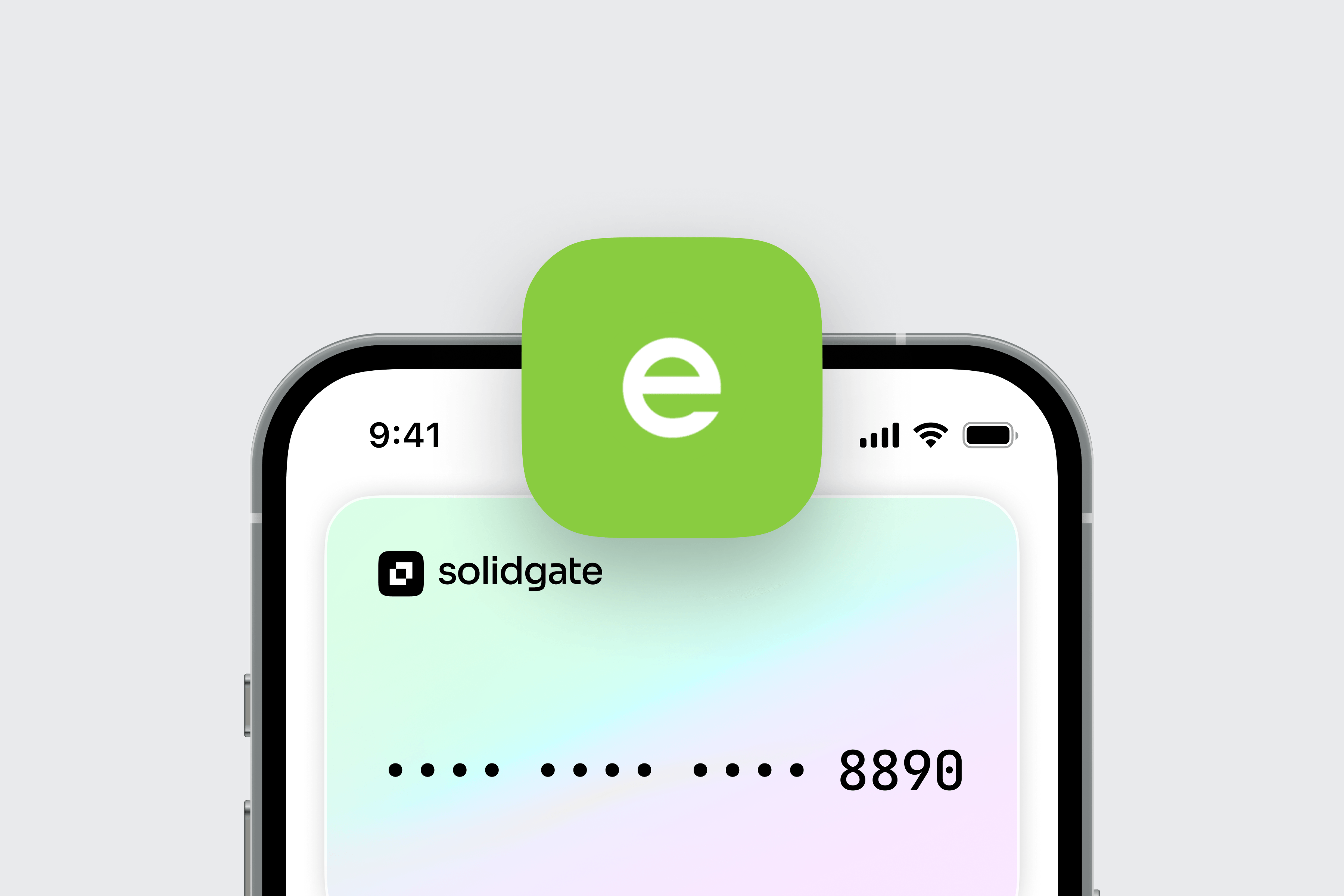 Smartphone displays Solidgate app with masked card number, featuring a prominent green "e" icon.