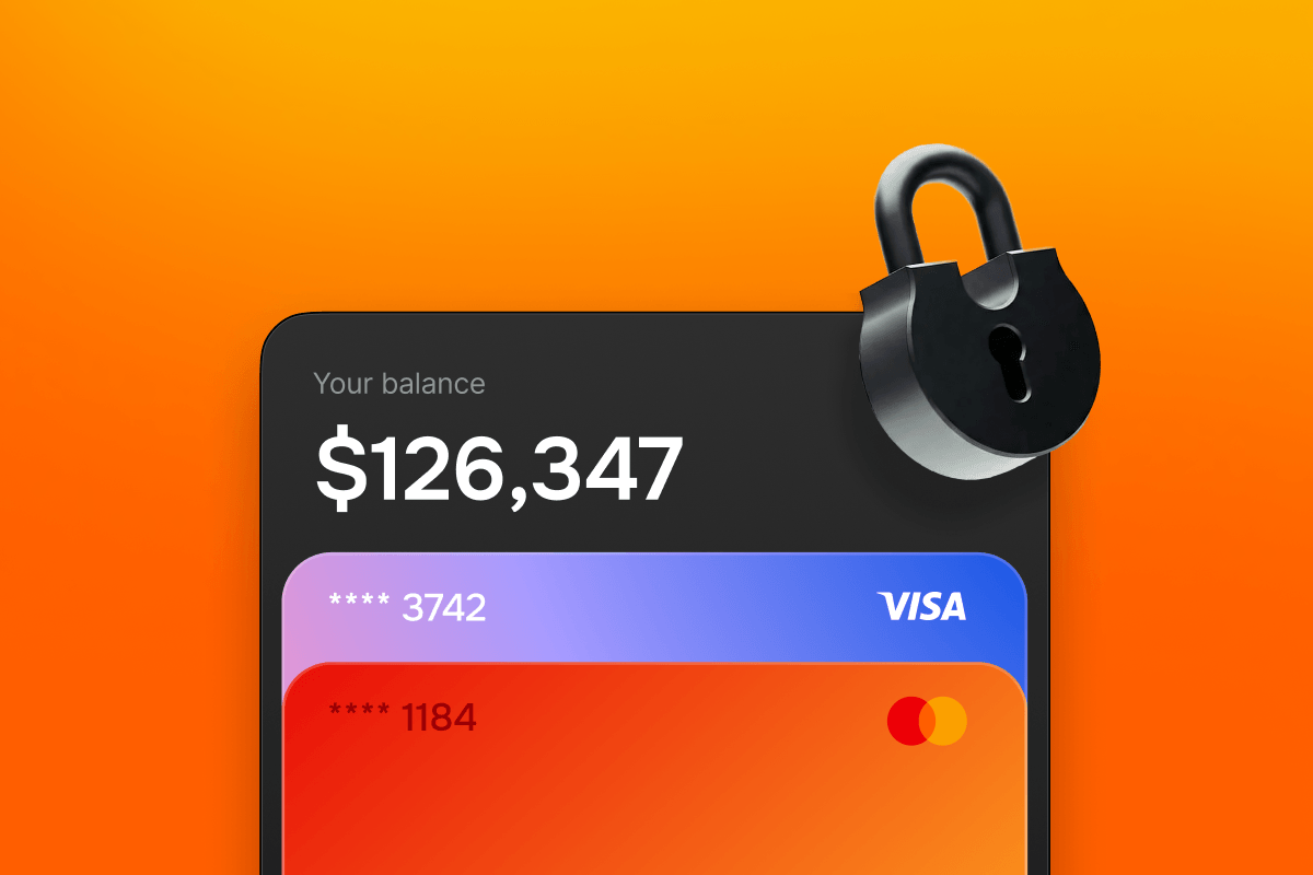 A digital interface shows a high balance, multiple credit cards, and a security padlock icon.