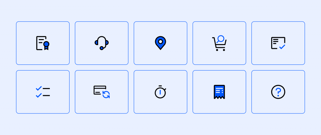 A grid of ten blue and white icons representing various digital services.