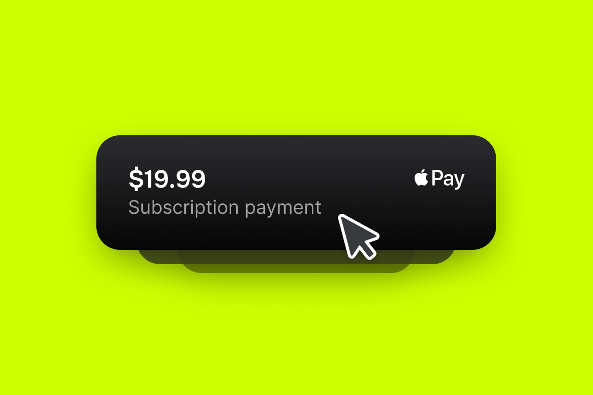 Digital button for $19.99 subscription payment with Apple Pay, a cursor pointing.
