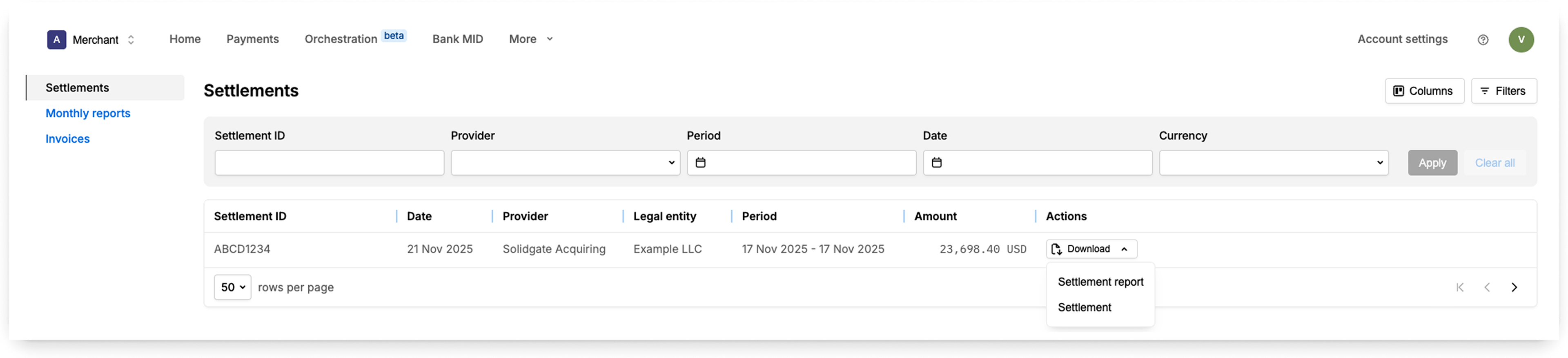 A Settlements dashboard displaying transaction data with filtering and search options.