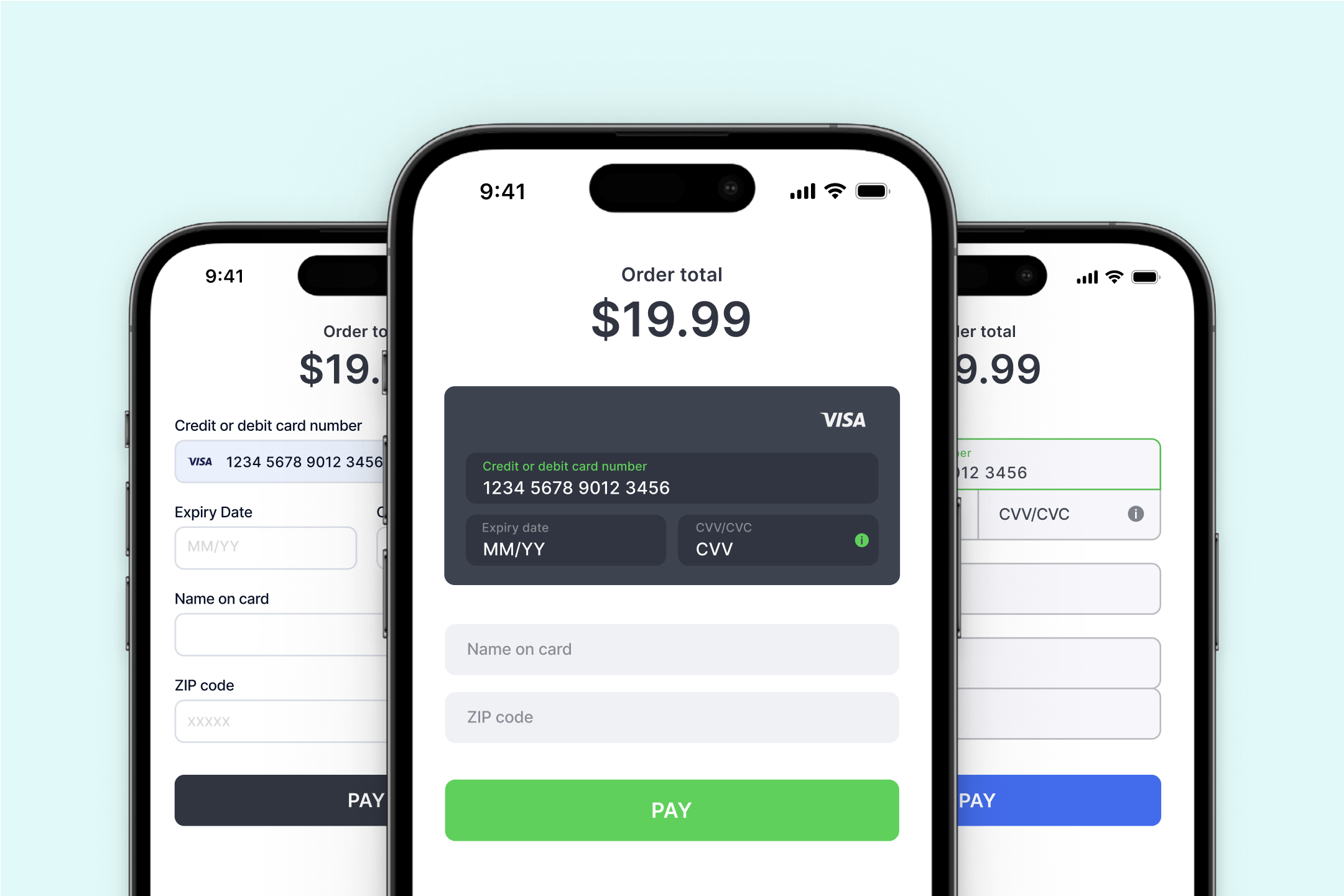 Three mobile checkout screens with card input forms and green “Pay” buttons.