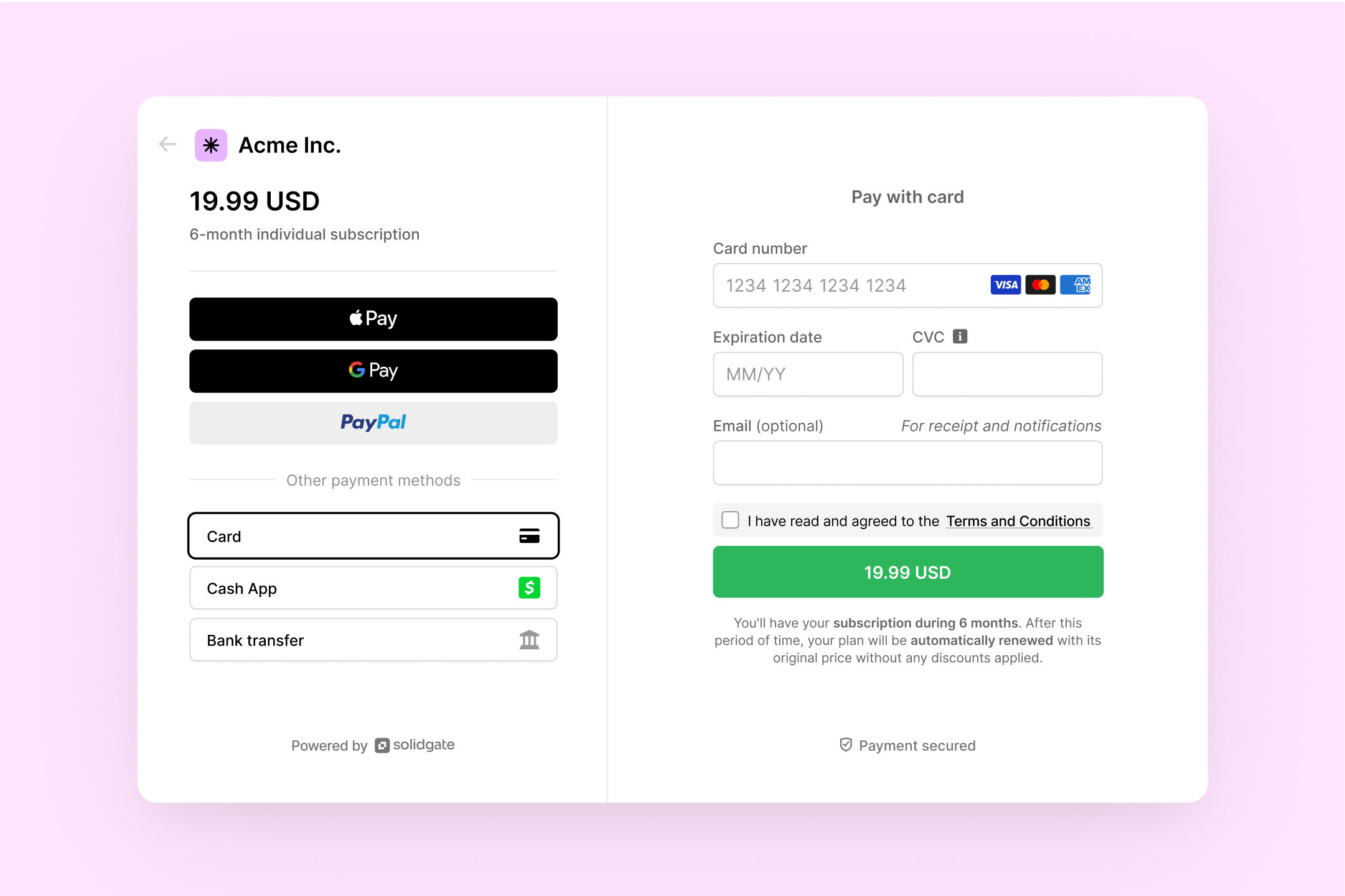 Payment screen showing multiple payment options and credit card entry fields.