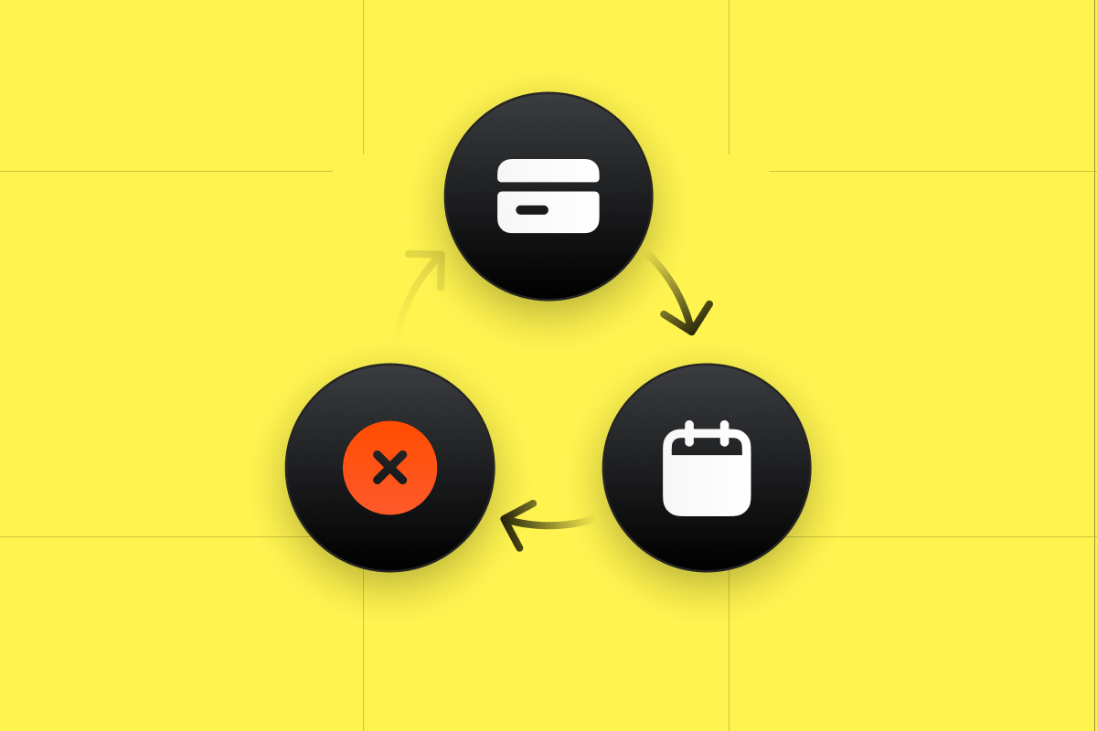 Icons representing credit card, calendar, and cancellation in a circular process flow.