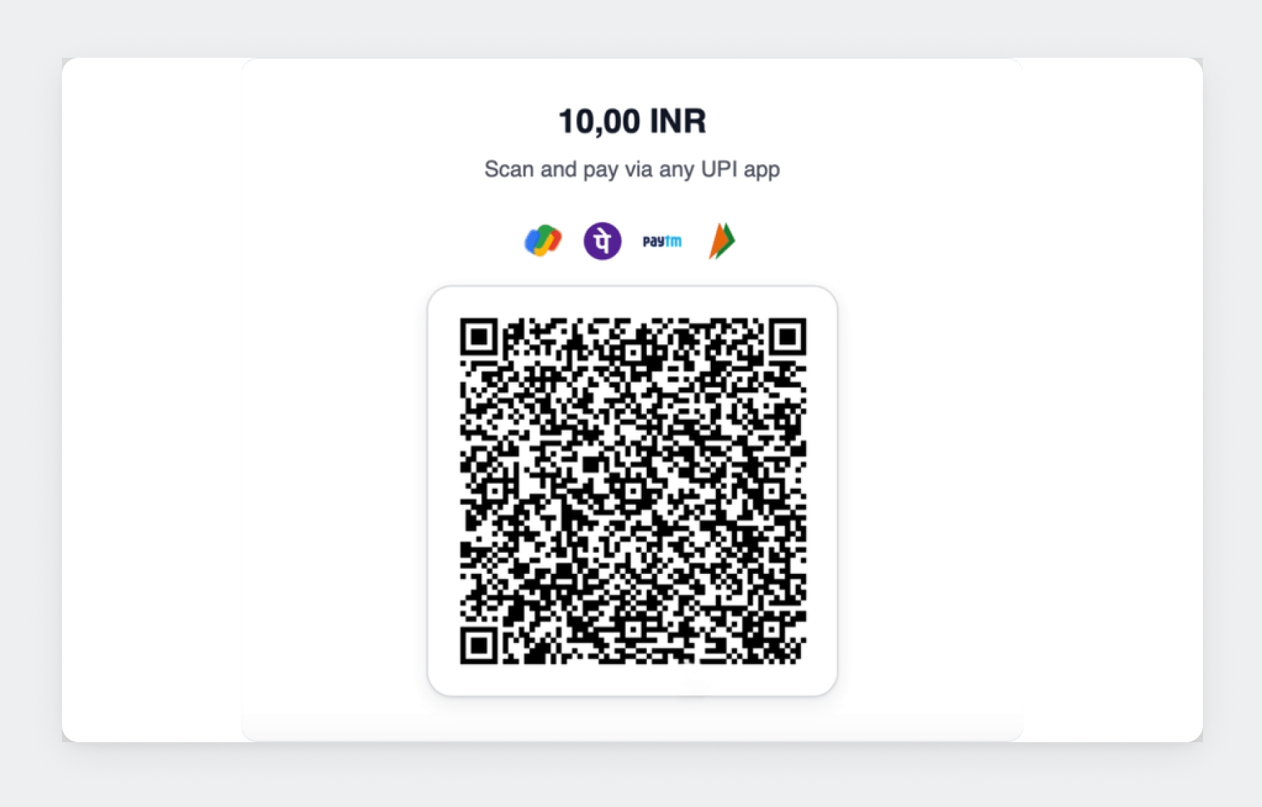 A QR code for a 10.00 INR payment, scannable via various UPI apps.