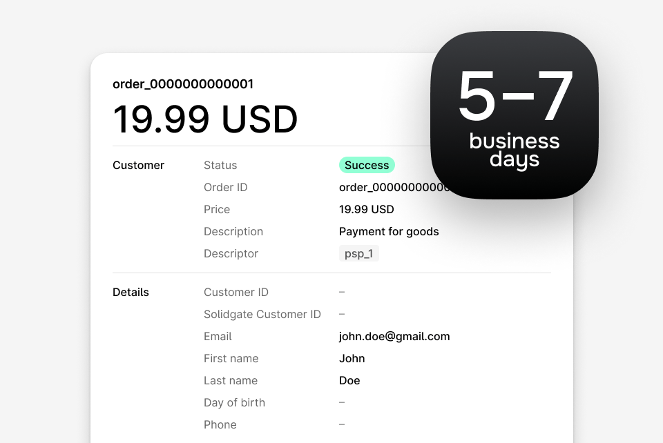 Order summary showing a 19.99 USD payment and delivery in 5-7 business days.