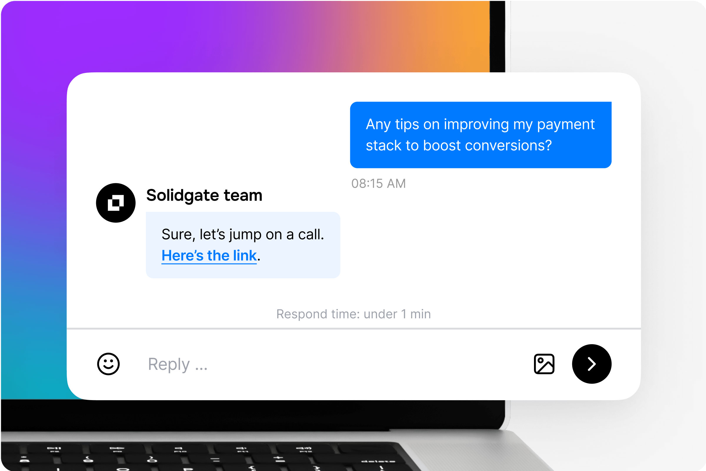 Live chat widget on a laptop screen with a user asking for payment stack advice and a support team sharing a call link.