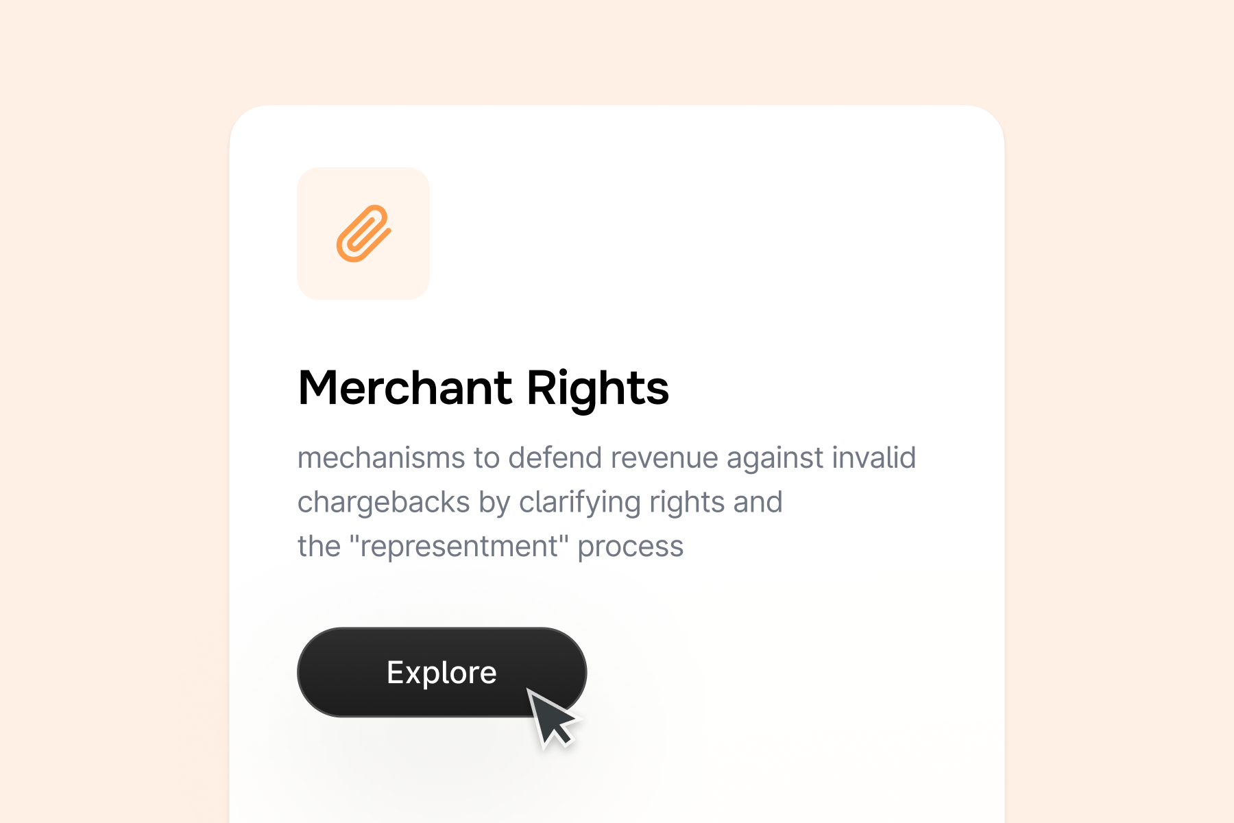 A white card displays "Merchant Rights" with a paperclip icon and an "Explore" button.