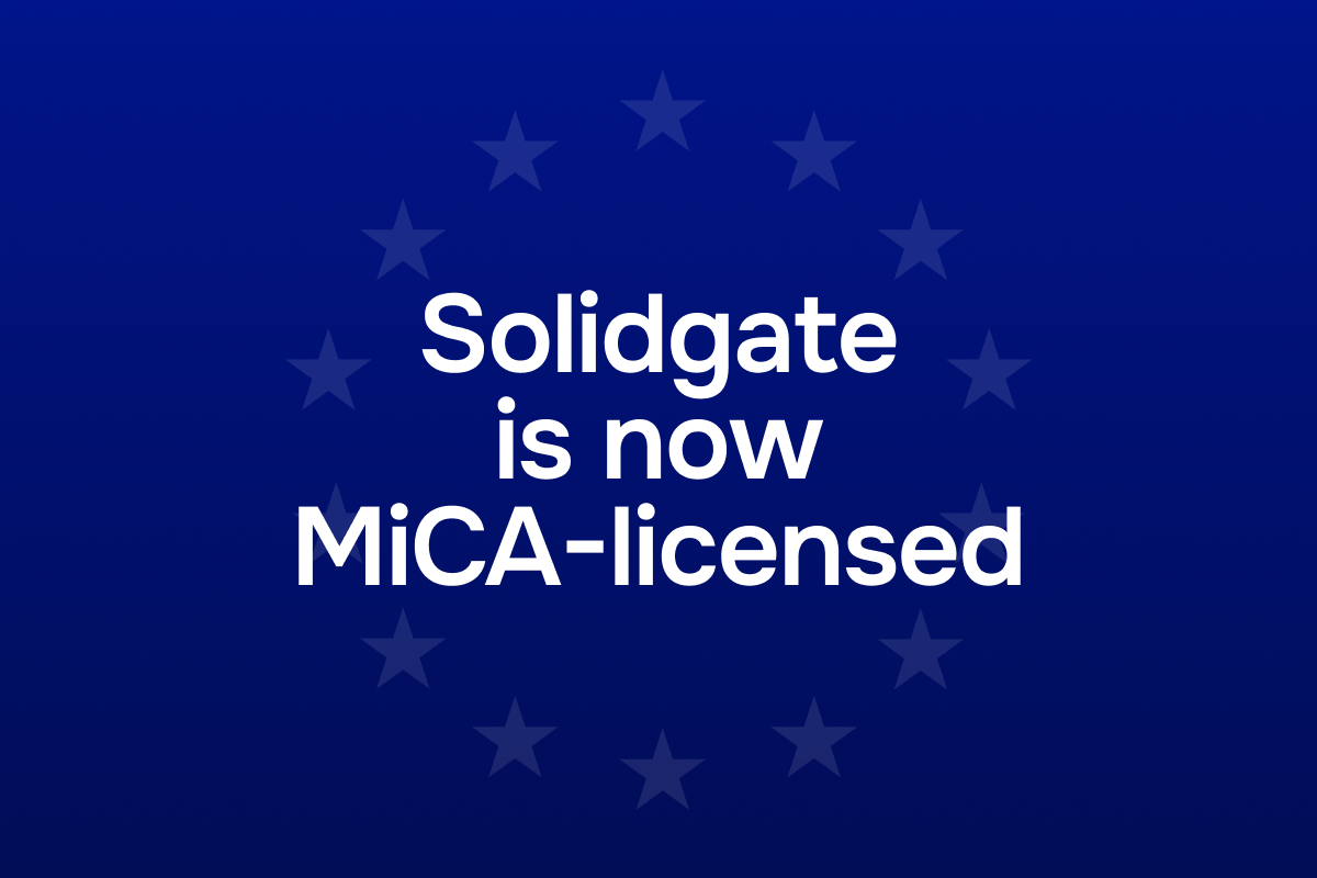 Solidgate announces it is now MiCA-licensed, displayed on a blue background with stars.